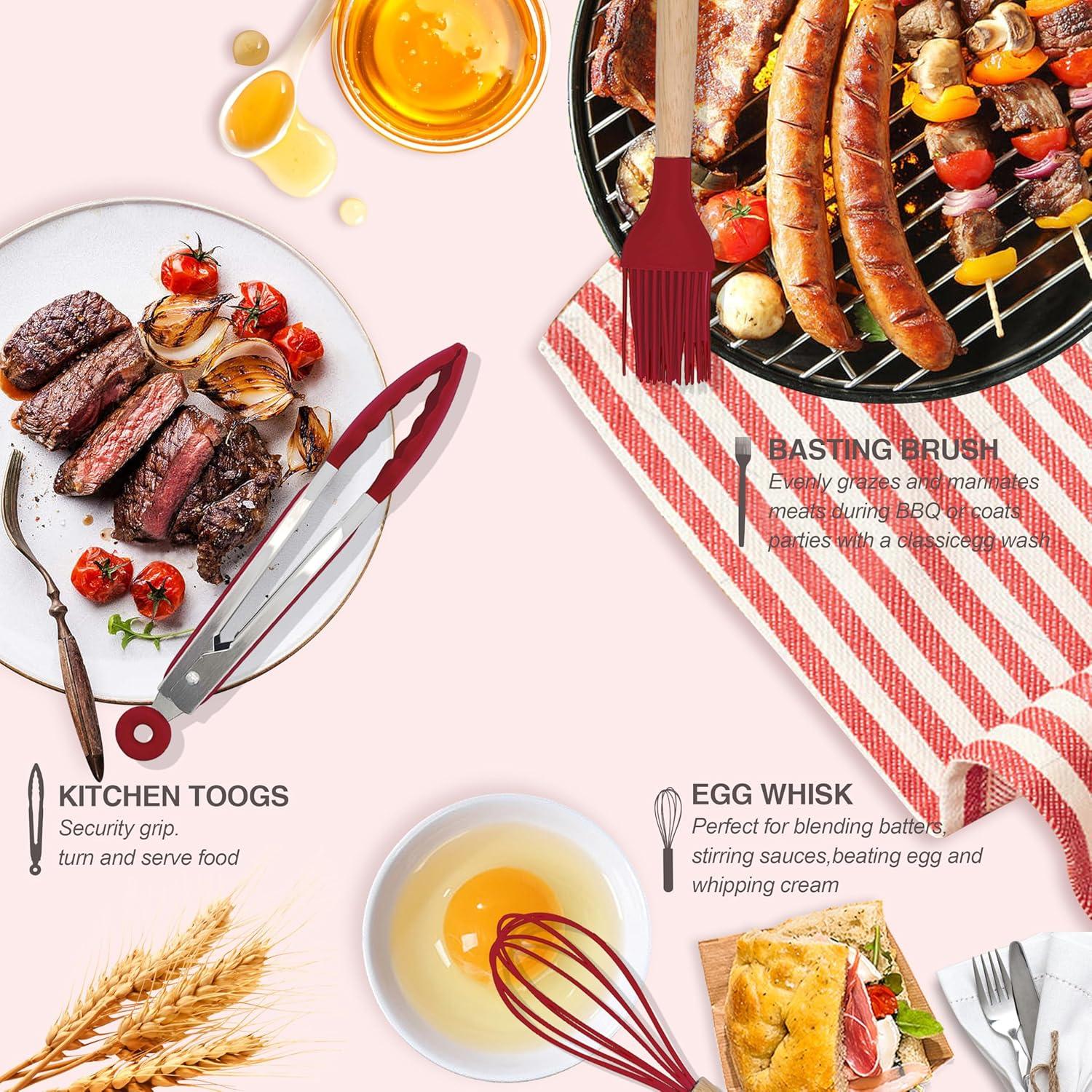 Silicone Kitchen Utensils, 12 Piece Non-Stick Heat Resistant Cookware Set with Wooden Utensil Handle, Black - Red