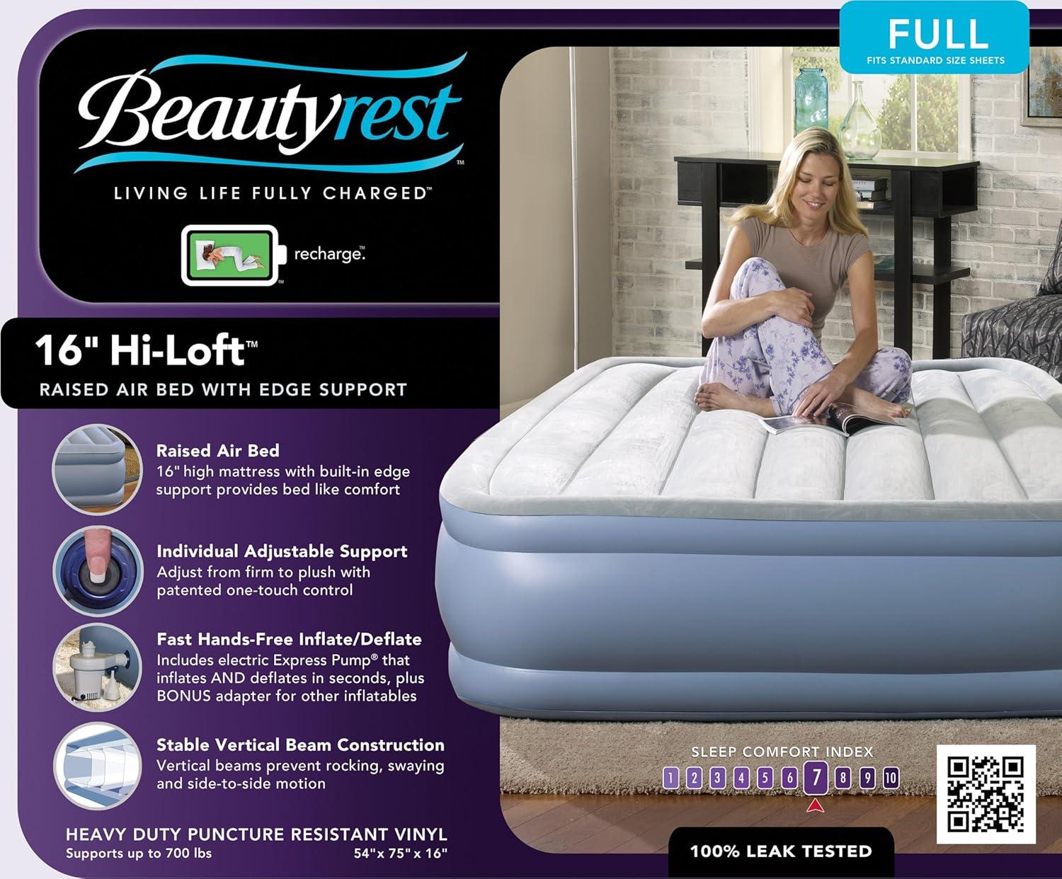 Beautyrest Hi Loft 16" Full Size Air Mattress with External Pump - Blow up Air Bed 1-Year Warranty