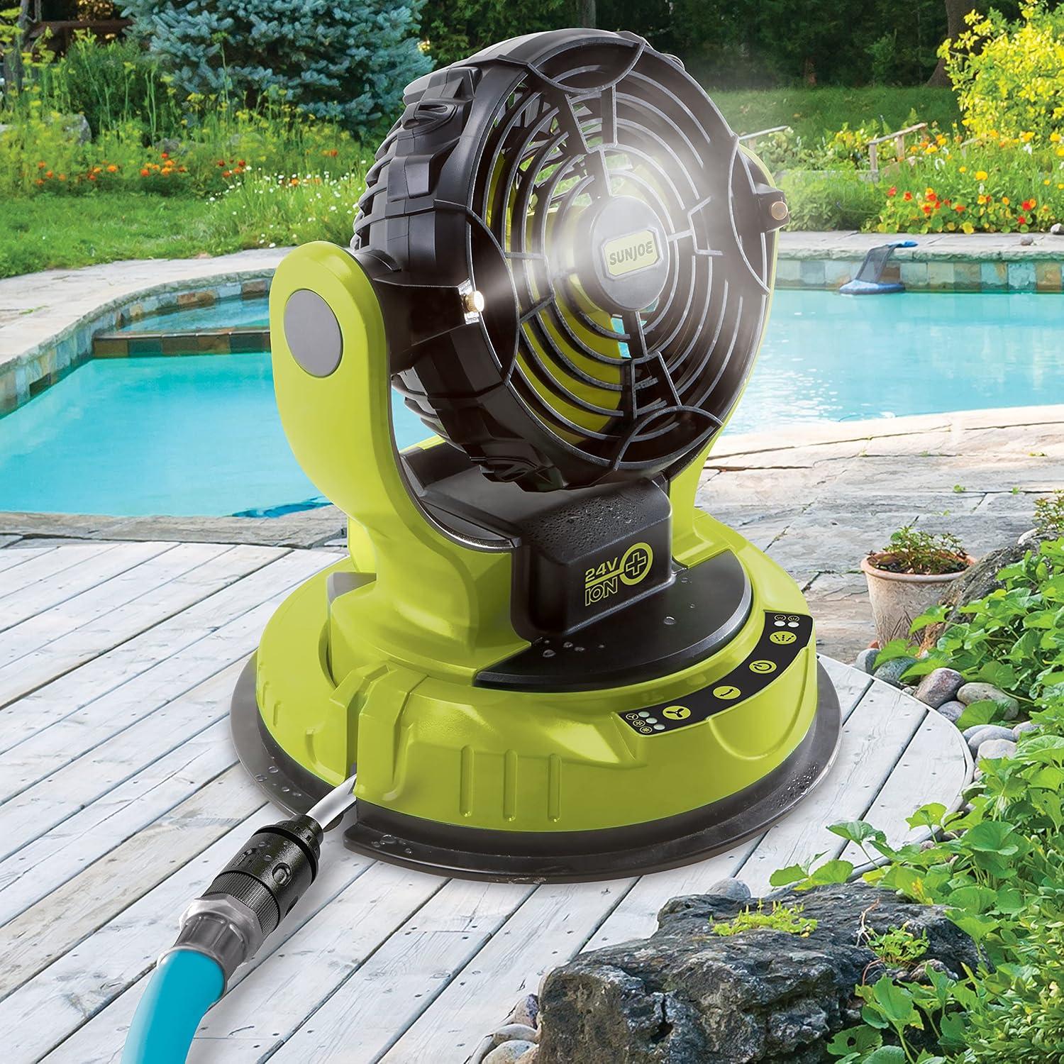 Sun Joe 24 Volt IONMAX Cordless Misting Fan Kit, Indoor or Outdoor, with 6 Gallon Portable Bucket, 60 Square Foot Coverage, 2.0-AH Battery and