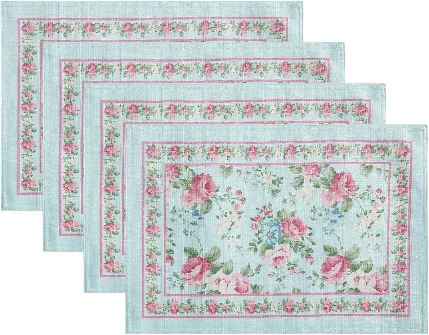 Vintage Floral Garden Blue Polyester Placemats, Set of 4