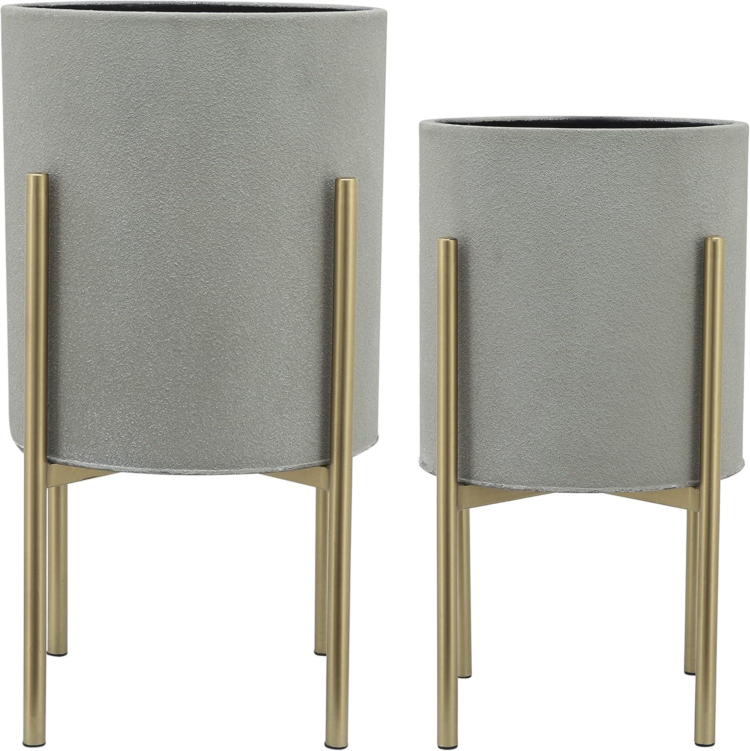 Sagebrook Home Set Of 2 Planter On Metal Stand, Putty/Gold, Round, Iron, Contemporary, 23"H, Solid Color