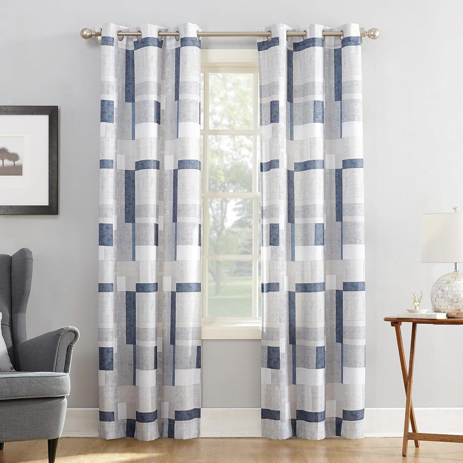 Navy Geometric Blocks Light-Filtering Grommet Curtain Panel