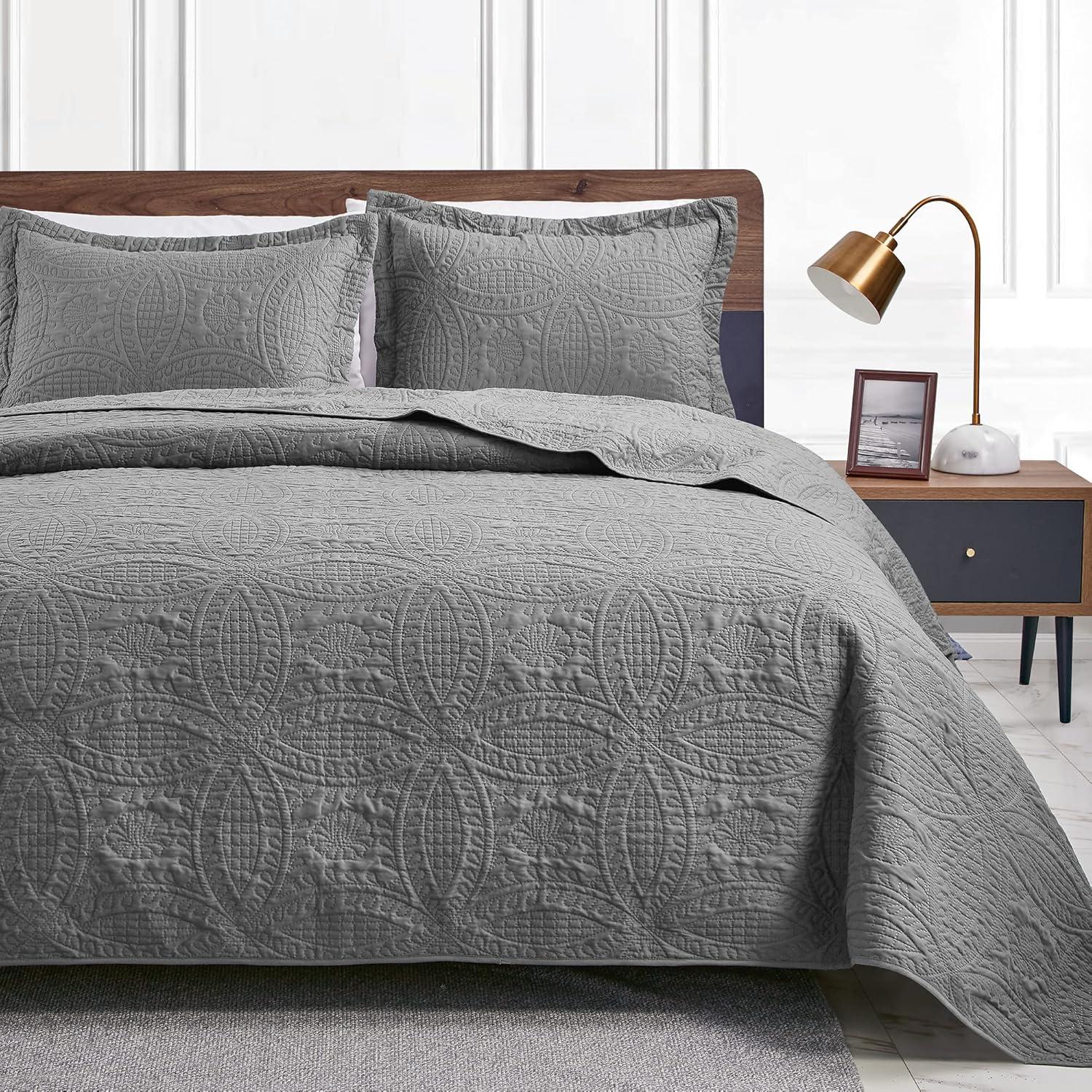 King Size Grey Microfiber Coin Pattern Quilt Set