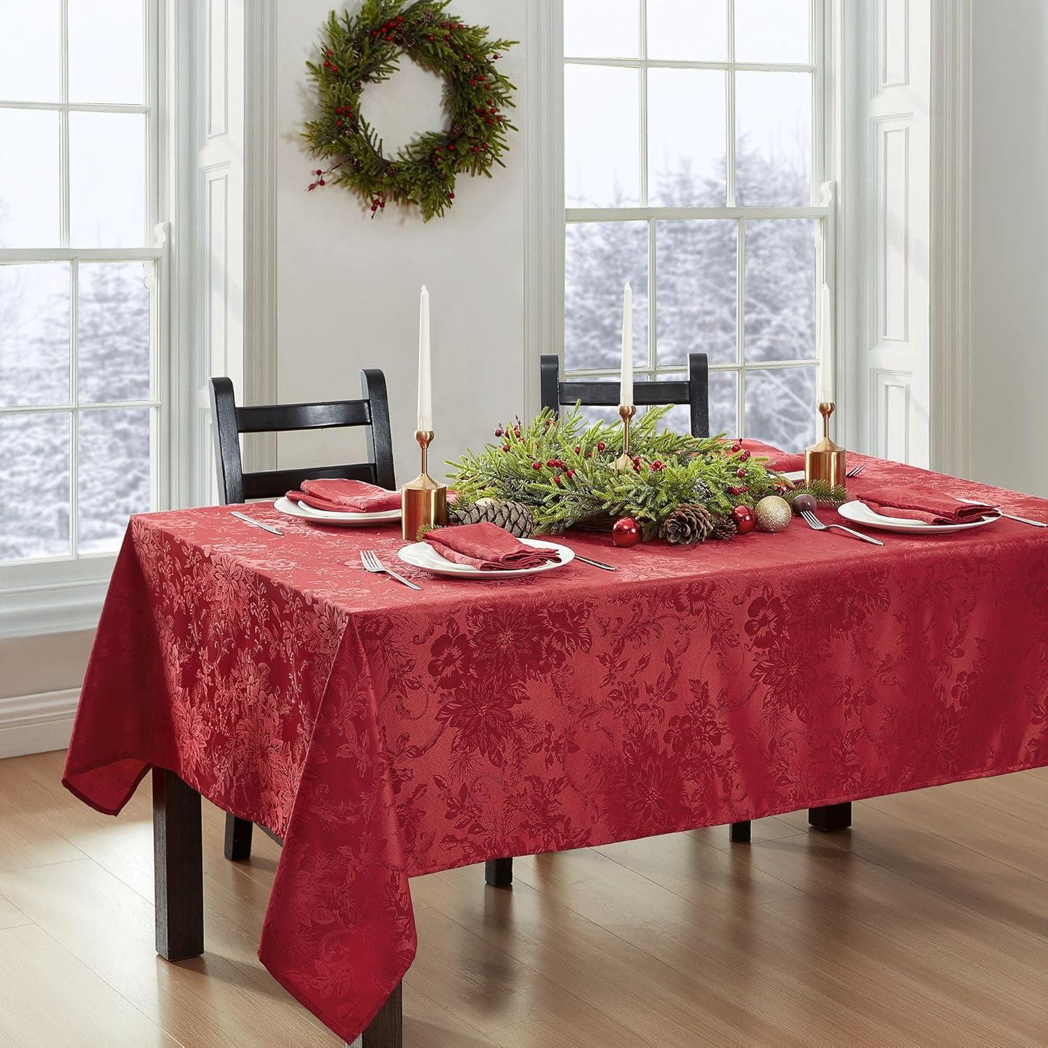 Elrene Poinsettia Elegance Jacquard Holiday Tablecloth - Elrene Home Fashions