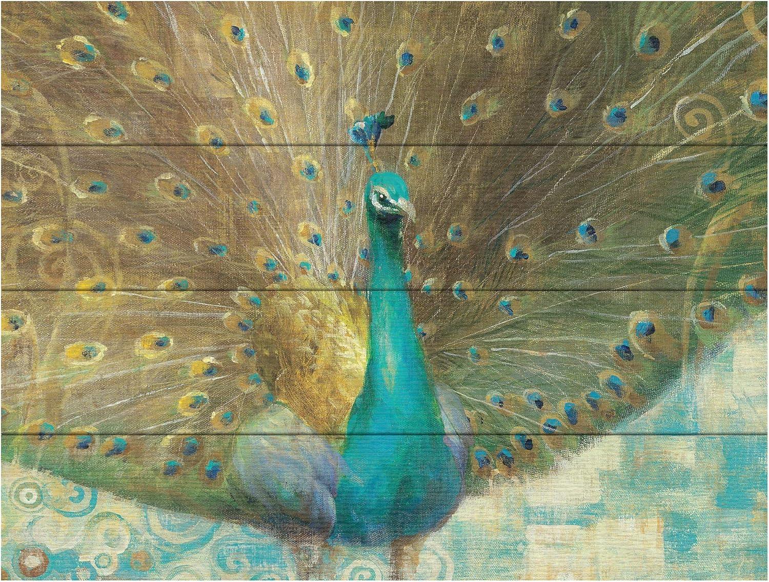 Trademark Fine Art -12"x16"  Danhui Nai 'Teal Peacock on Gold' Wood Slat Art