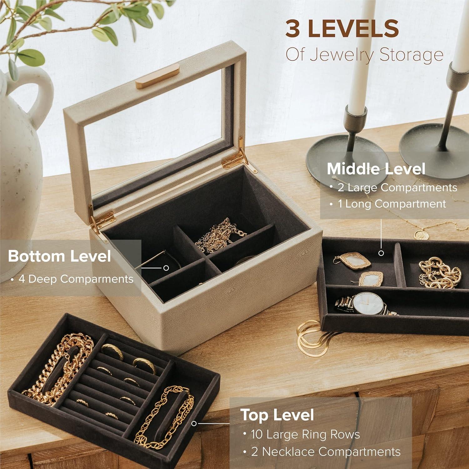 Petite 3 Tier Jewelry Box, Storage & Display Case, Accessory Organizer, Shagreen Vegan Leather