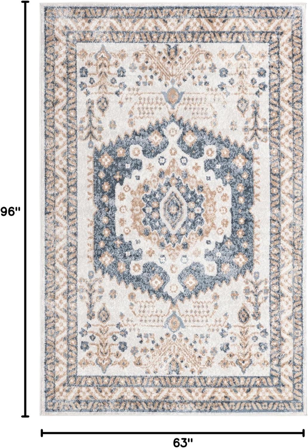 Cream and Navy Blue Floral Rectangular Synthetic Area Rug