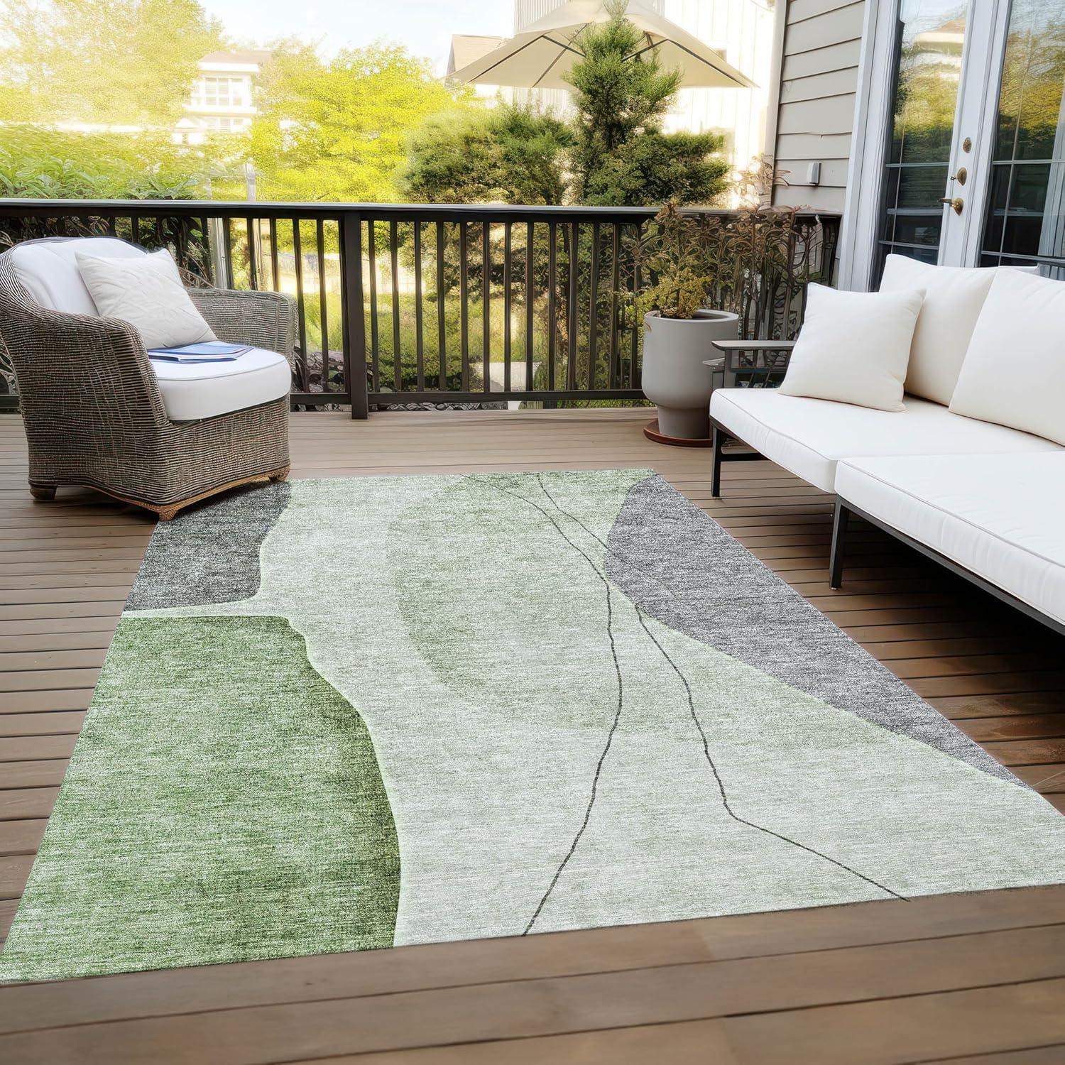 Green and Gray Abstract 8' x 10' Indoor Outdoor Area Rug