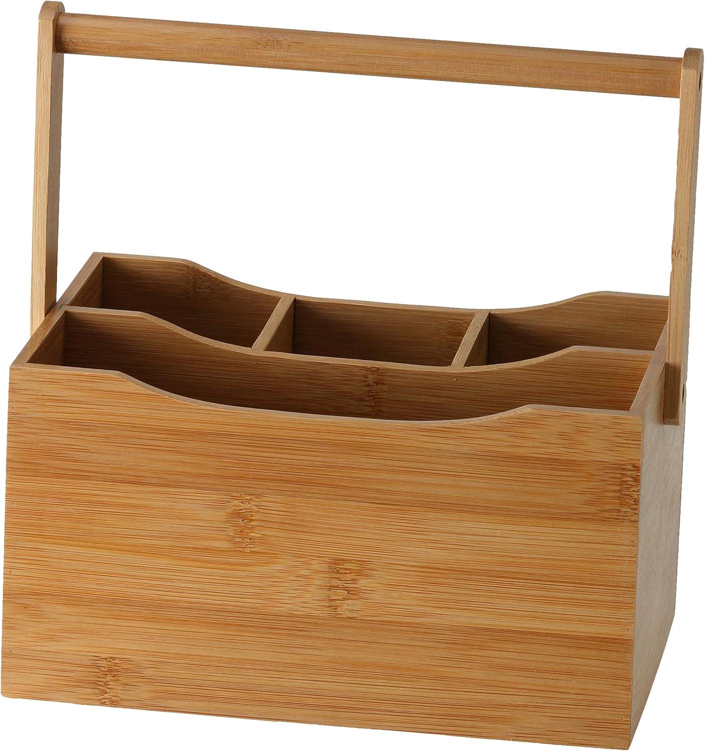 Cortesi Home Kira Natural Bamboo Cutlery Caddy Tabletop Holder with Handle and 4 Compartments