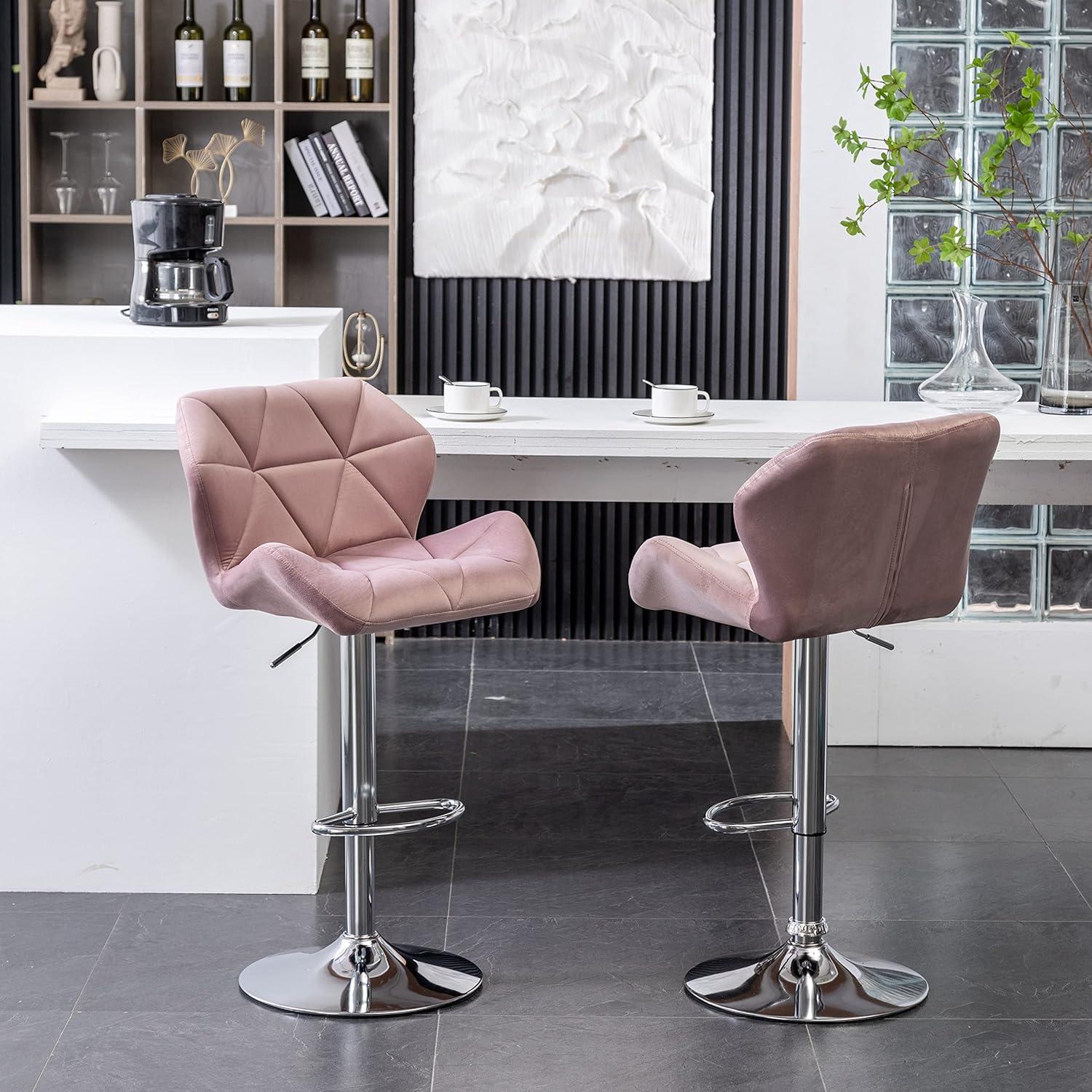 Pink Velvet Diamond Tufted Adjustable Swivel Barstool Set