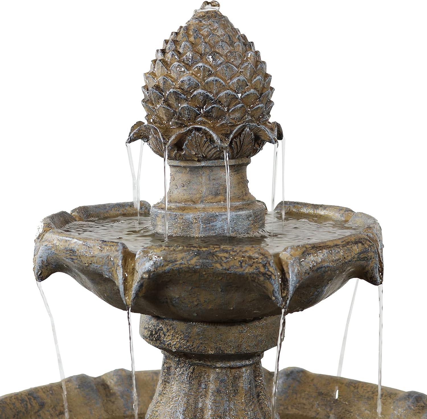 Sunnydaze Outdoor 2-Tier Pineapple Solar Powered Water Fountain with Battery Backup and Submersible Pump - 46" - Earth Finish