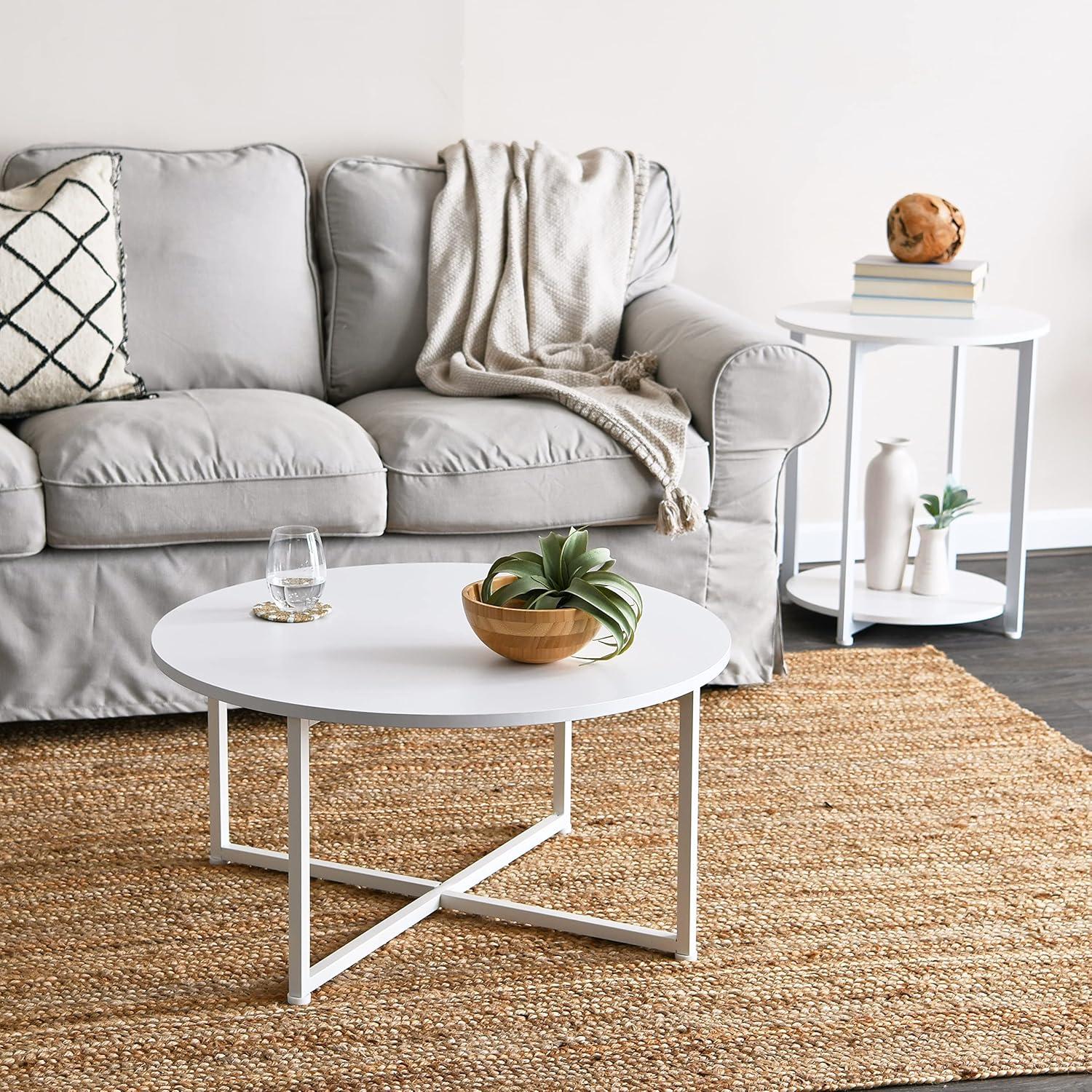 Household Essentials Jamestown Round End Table White: Modern Minimalist, Iron Frame, Particle Board Top