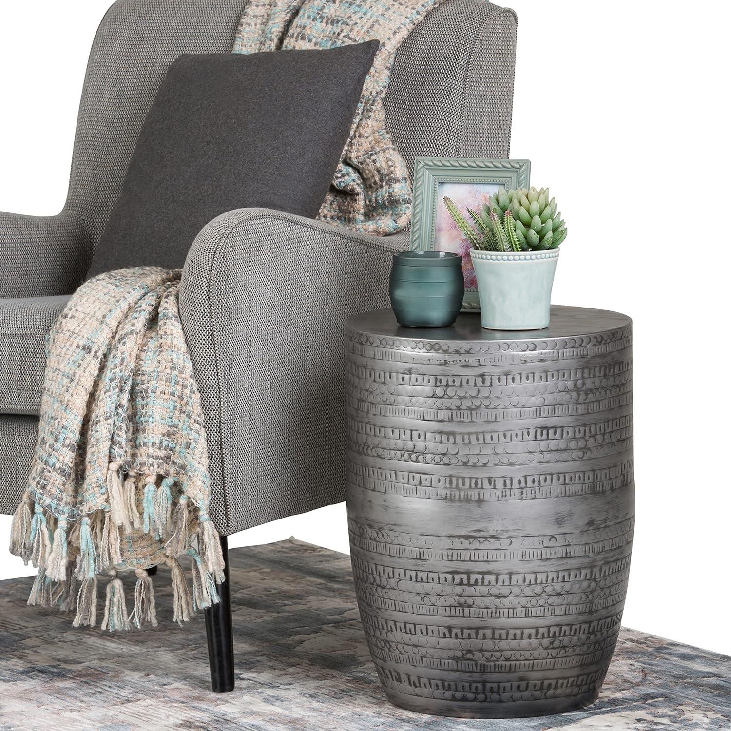 Simpli Home 15"W Metal Boho End Table with Drum Design and Textured Finish, Assembled