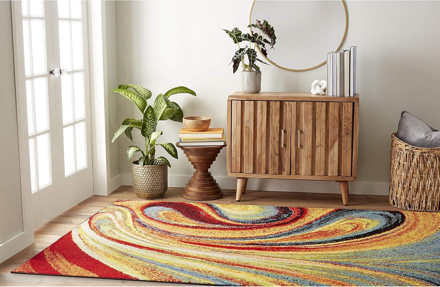 Red and Multicolor Abstract Swirl Polypropylene Area Rug