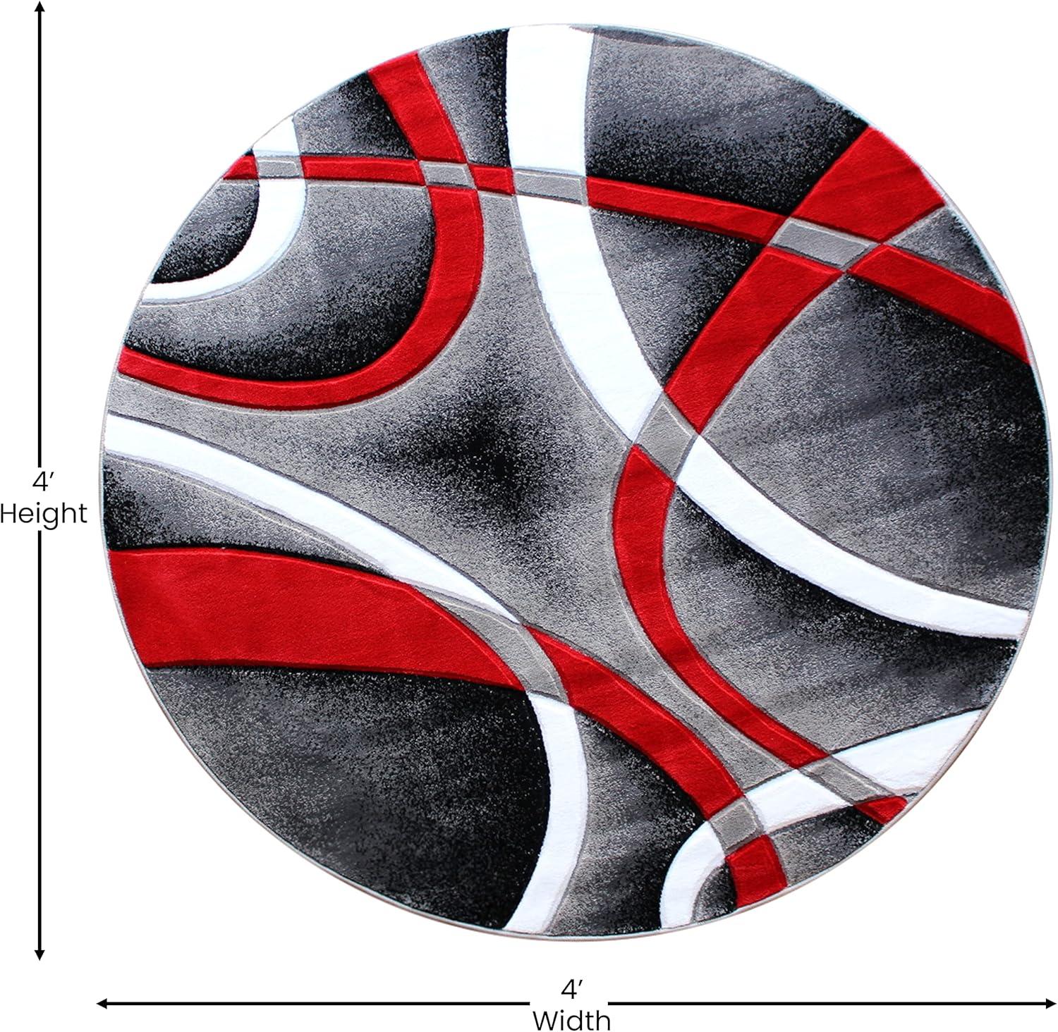Flash Furniture Atlan Collection Abstract Area Rug - High Pile Red Olefin Rug - 4' x 4' Round Area Rug - Jute Backing - Hallway, Entryway, Bedroom