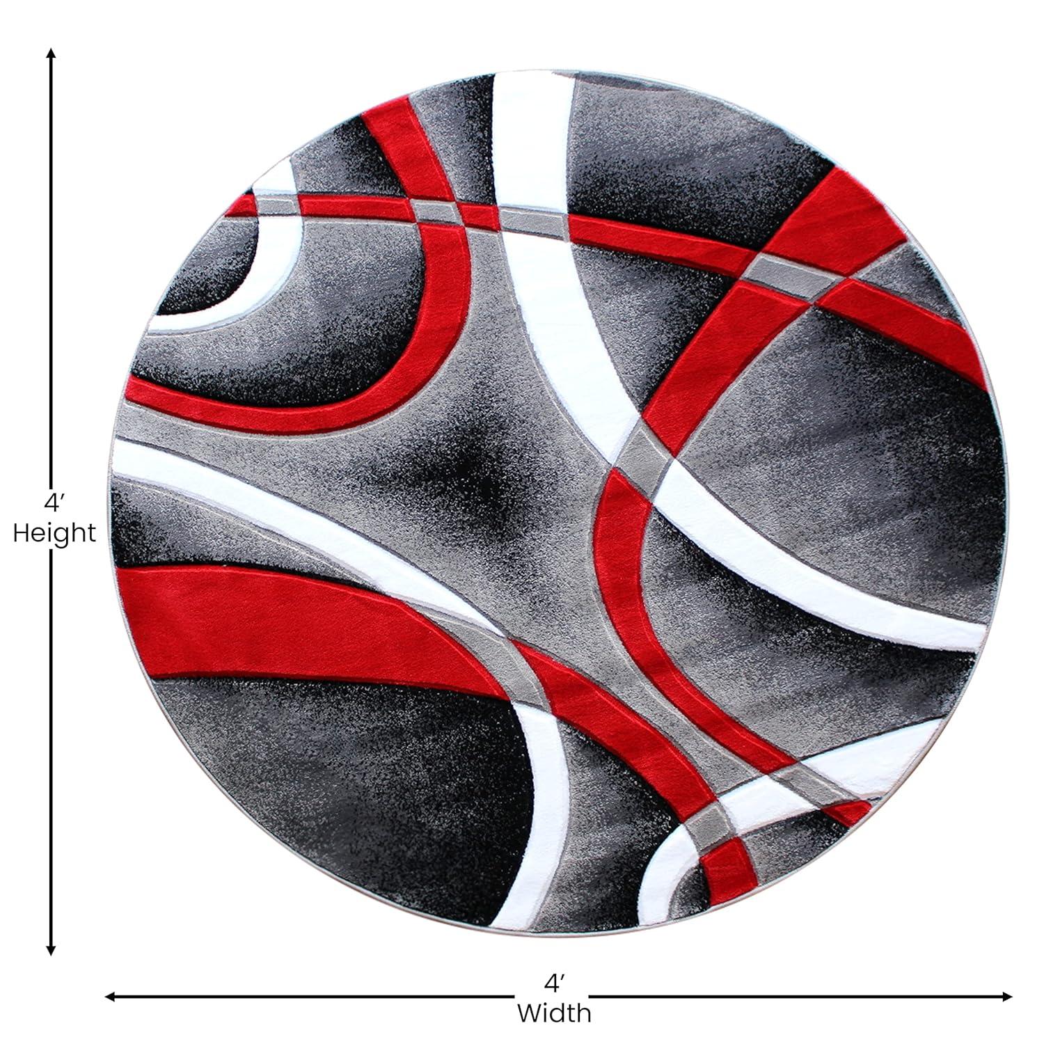 Flash Furniture Atlan Collection Abstract Area Rug - High Pile Red Olefin Rug - 4' x 4' Round Area Rug - Jute Backing - Hallway, Entryway, Bedroom
