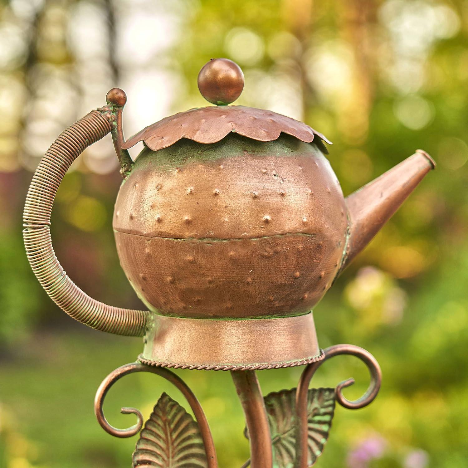 Antique Copper Teapot Birdhouse with Leaf Design Stake