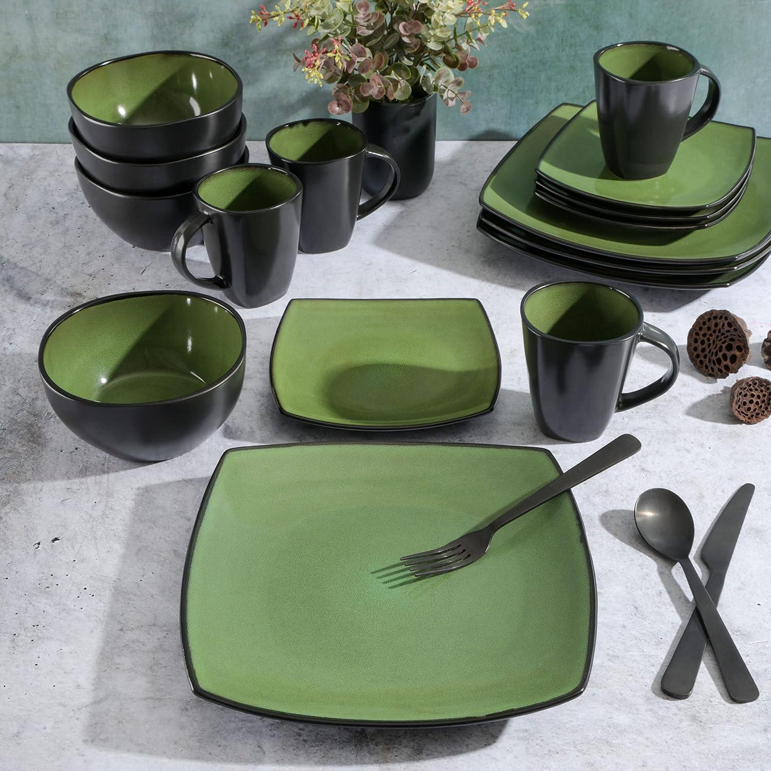Gibson Soho Lounge Square 16-Piece Stoneware Dinnerware Set Green