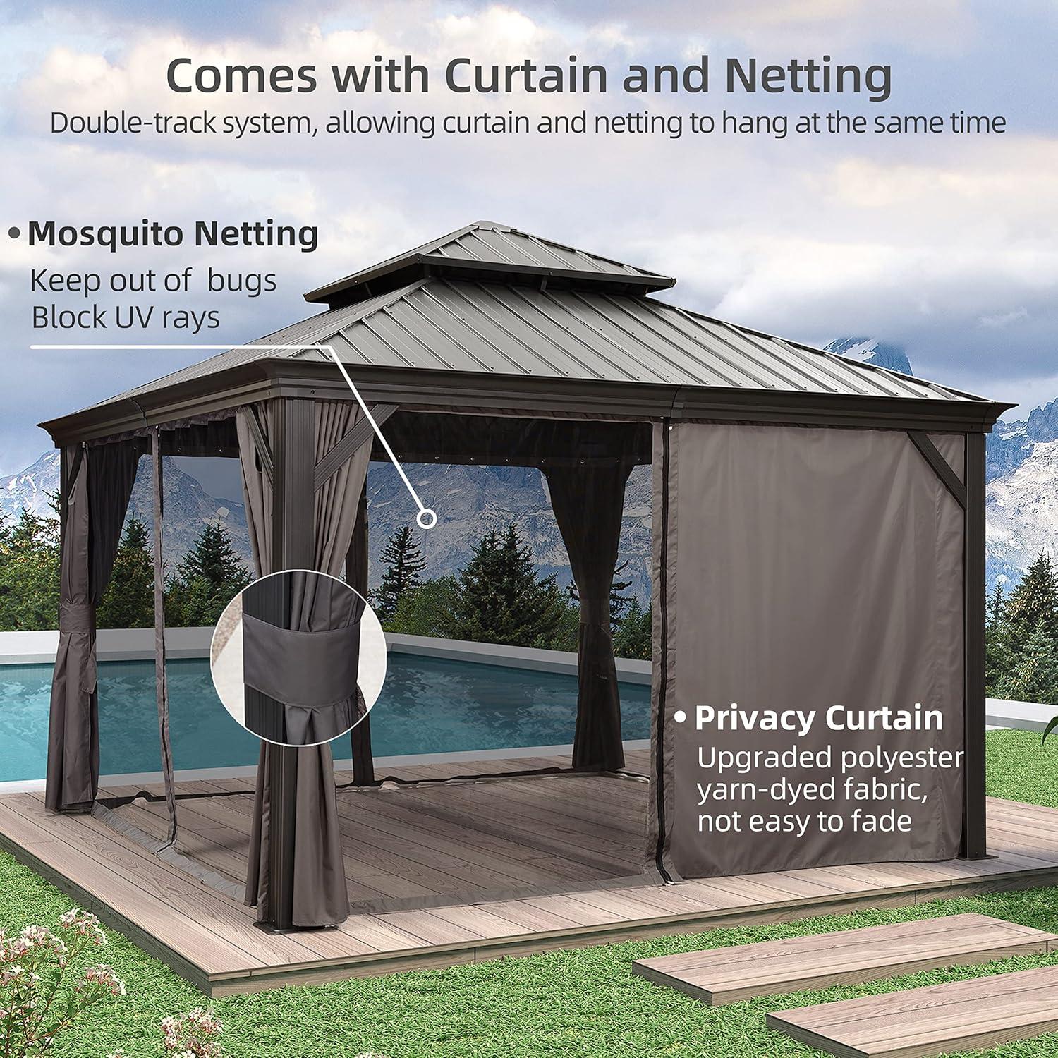 12' x 12' Grey Aluminum and Steel Hardtop Gazebo with Curtains