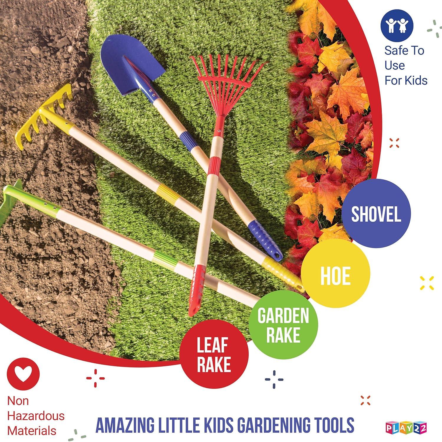 Play22 Kids Garden Tool Set Toy 4-Piece - Shovel, Rake, Hoe, Leaf Rake, Wooden Gardening Tools for Kids Best Outdoor Toys Gift for Boys and Girls