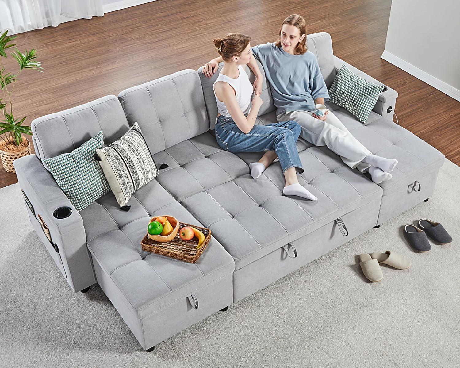 Latitude Run® Pull Out Sofa Bed With 2 USB Ports & Cup Holders, U Shaped Sleeper Sofa Bed With Dual Storage Chaise- Drak Gray
