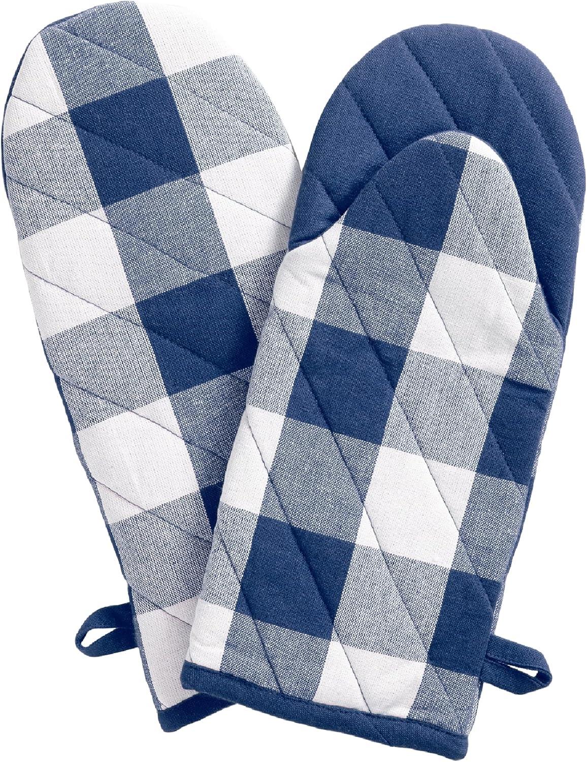 Blue and White Buffalo Check Cotton Oven Mitt Pair