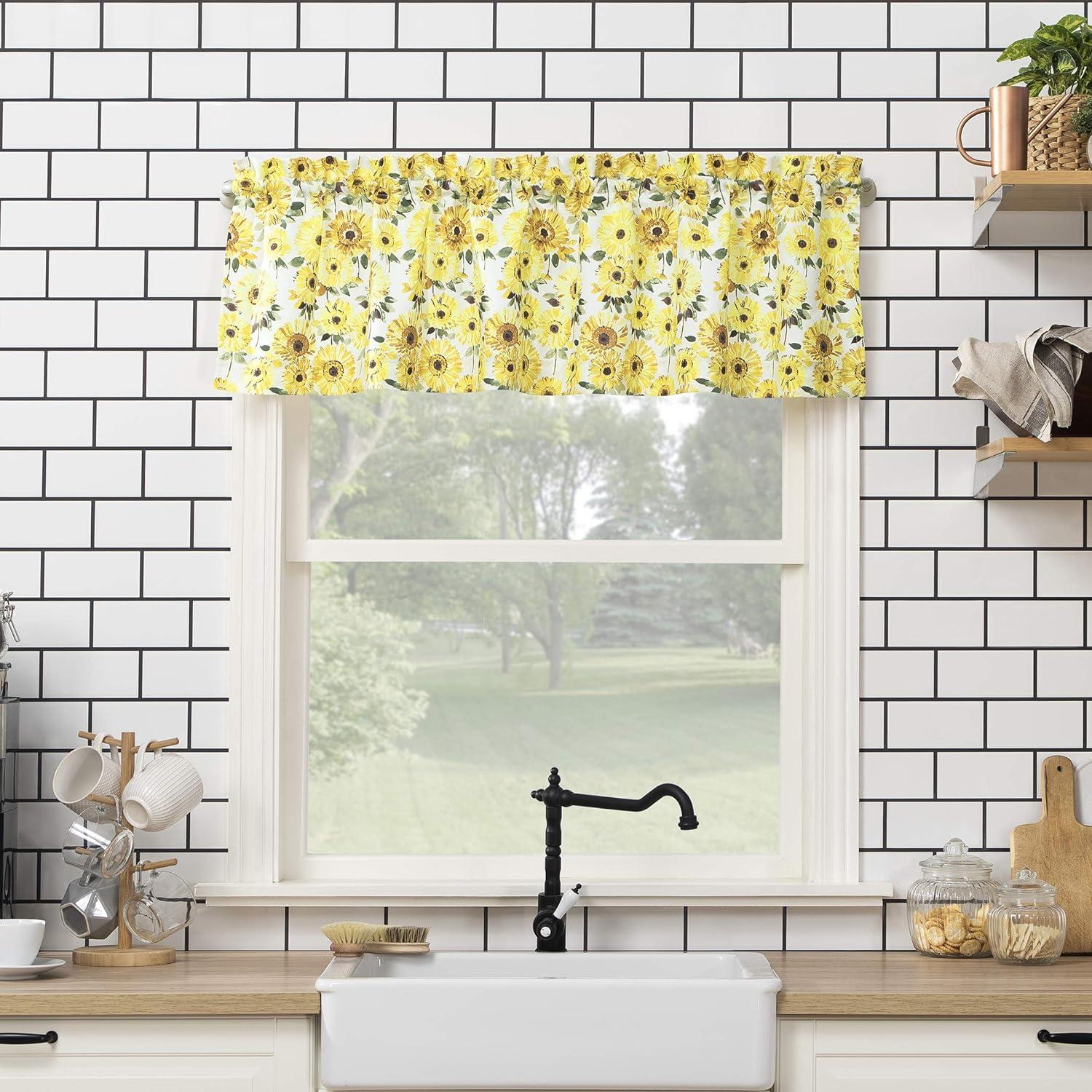 Sunflower Print Semi Sheer Rod Pocket Kitchen Curtain Valance and Tiers Set Yellow - No. 918