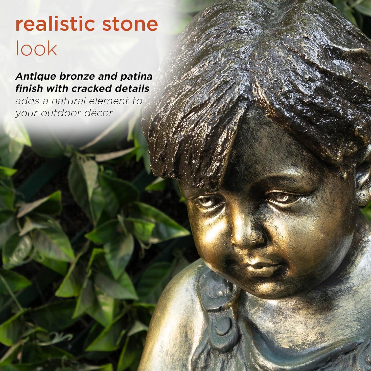 Alpine Corporation 16" Polyresin Girl and Boy with Dog Sitting on Bench Sculpture Bronze: Durable Outdoor Decor, Magnesium Oxide, Rust-Resistant