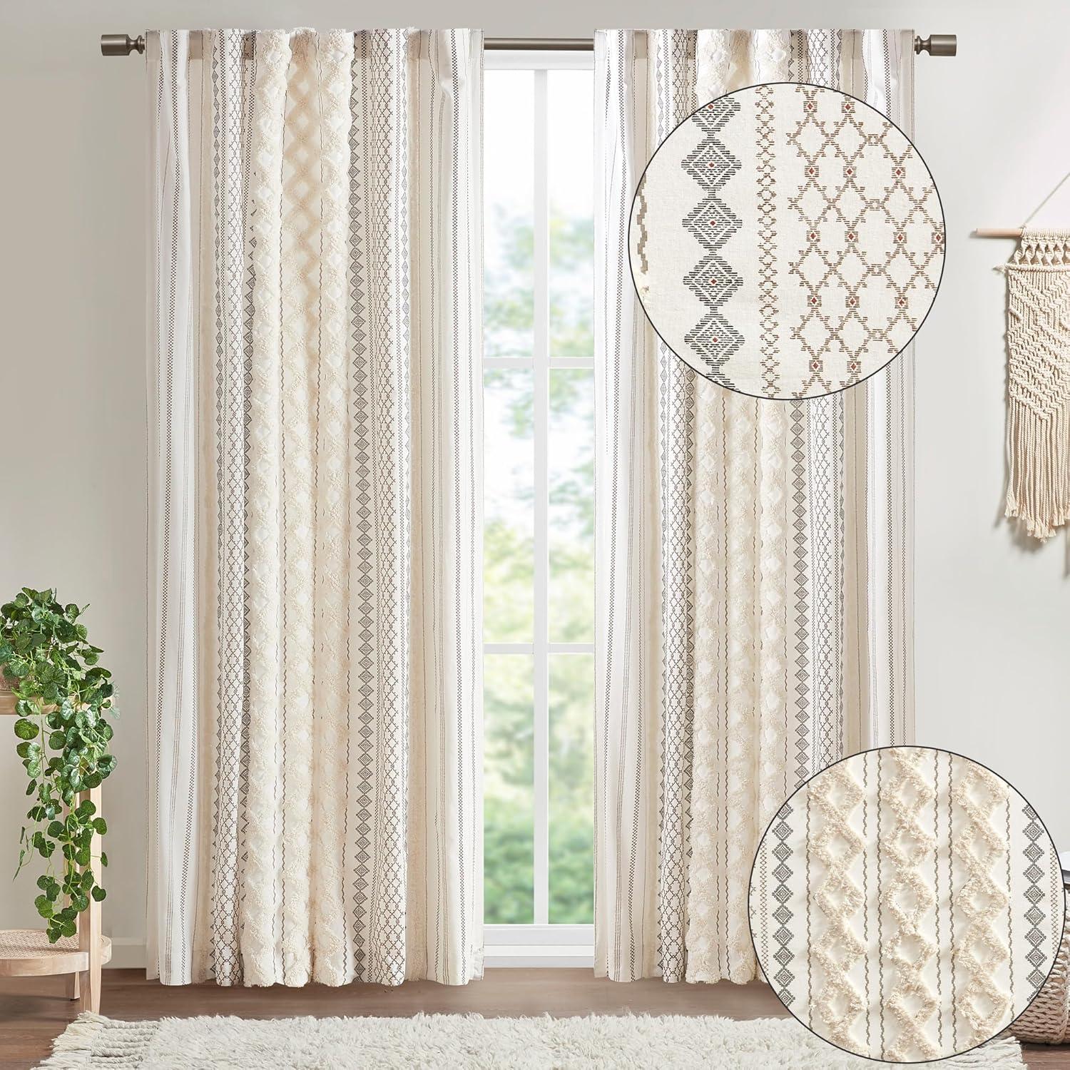 INK+IVY Imani Cotton Printed Curtain Panel with Chenille Stripe and Lining, Ivory, 50x95"