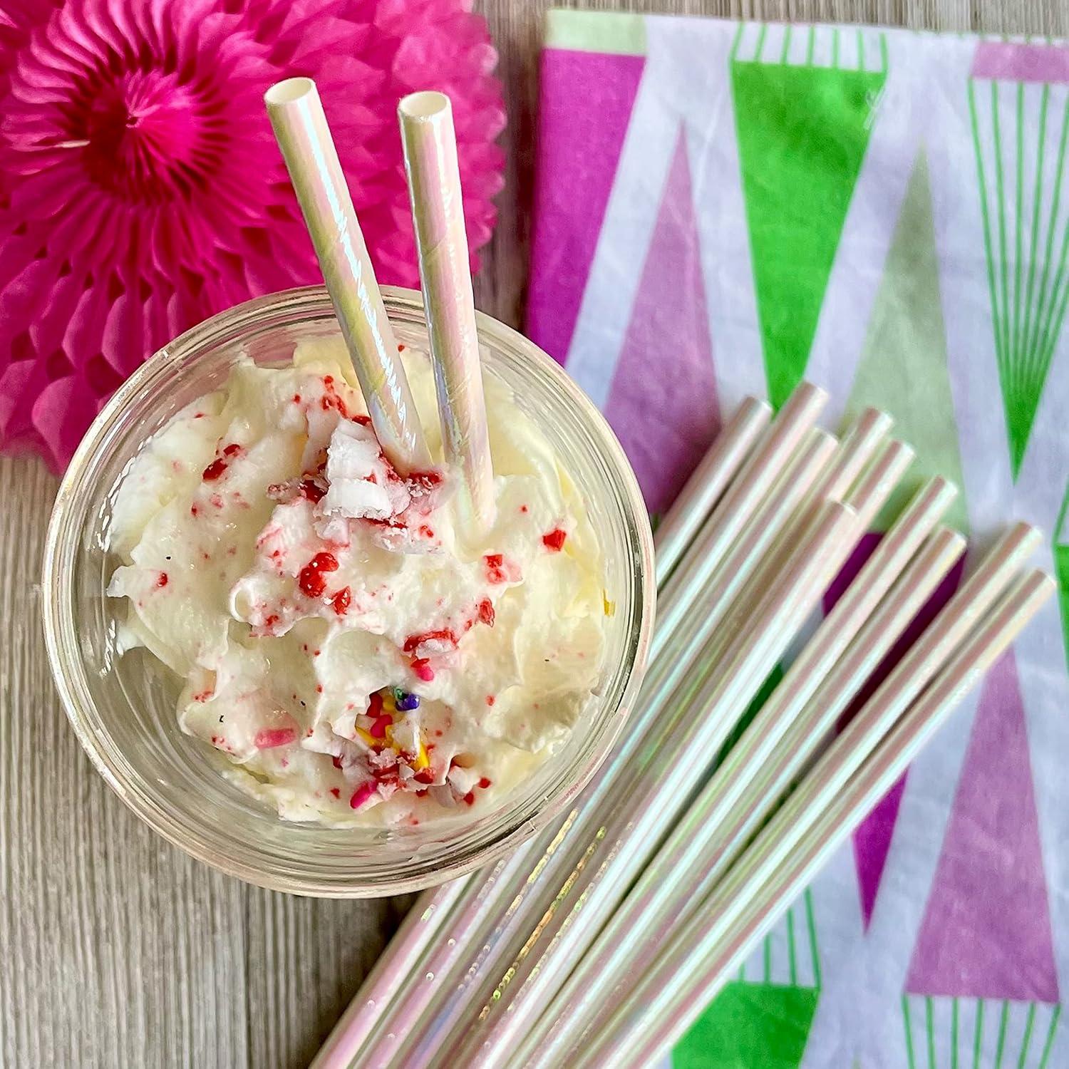 100 White Iridescent Paper Straws