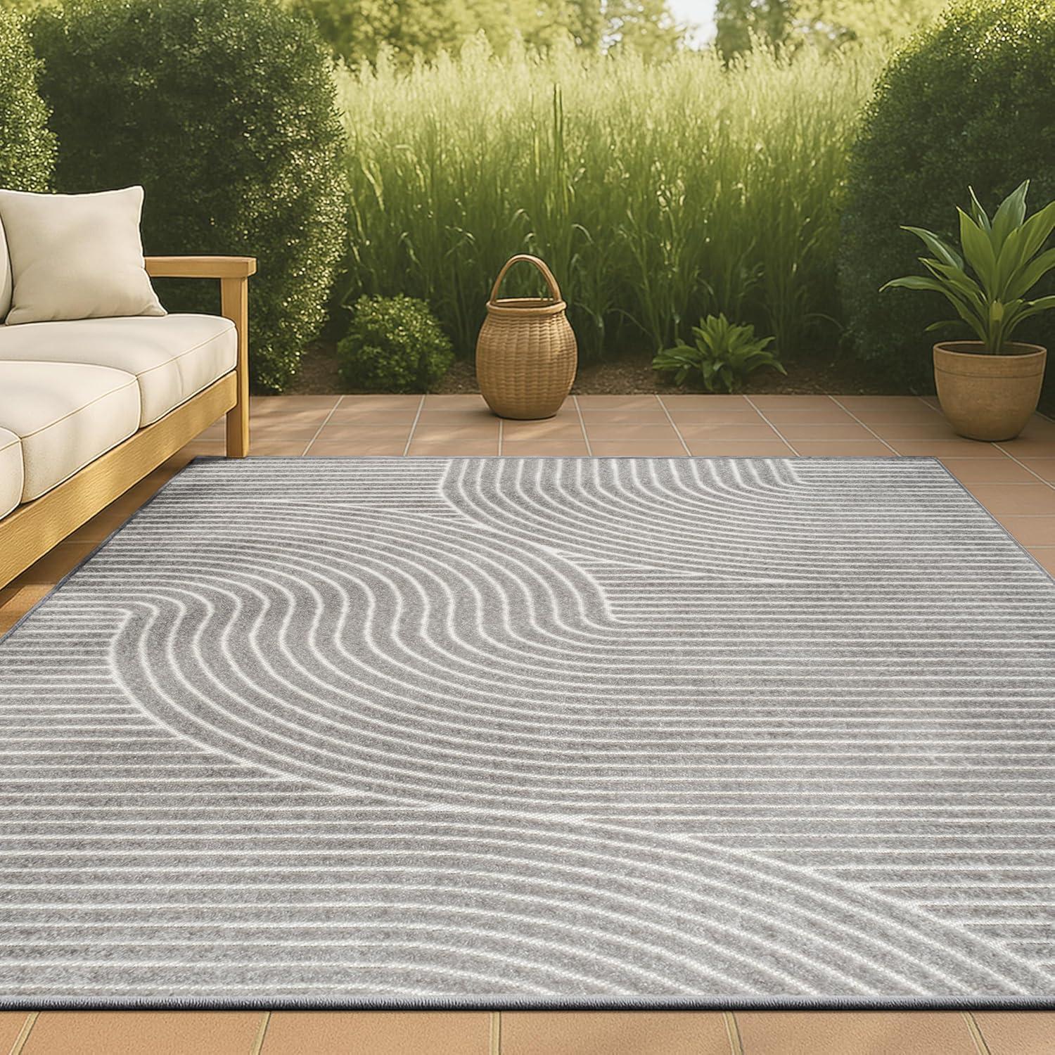 JONATHAN Y Skagen High-Low Minimalist Curve Geometric Gray/Ivory 5 ft. x 8 ft. Indoor/Outdoor Area Rug