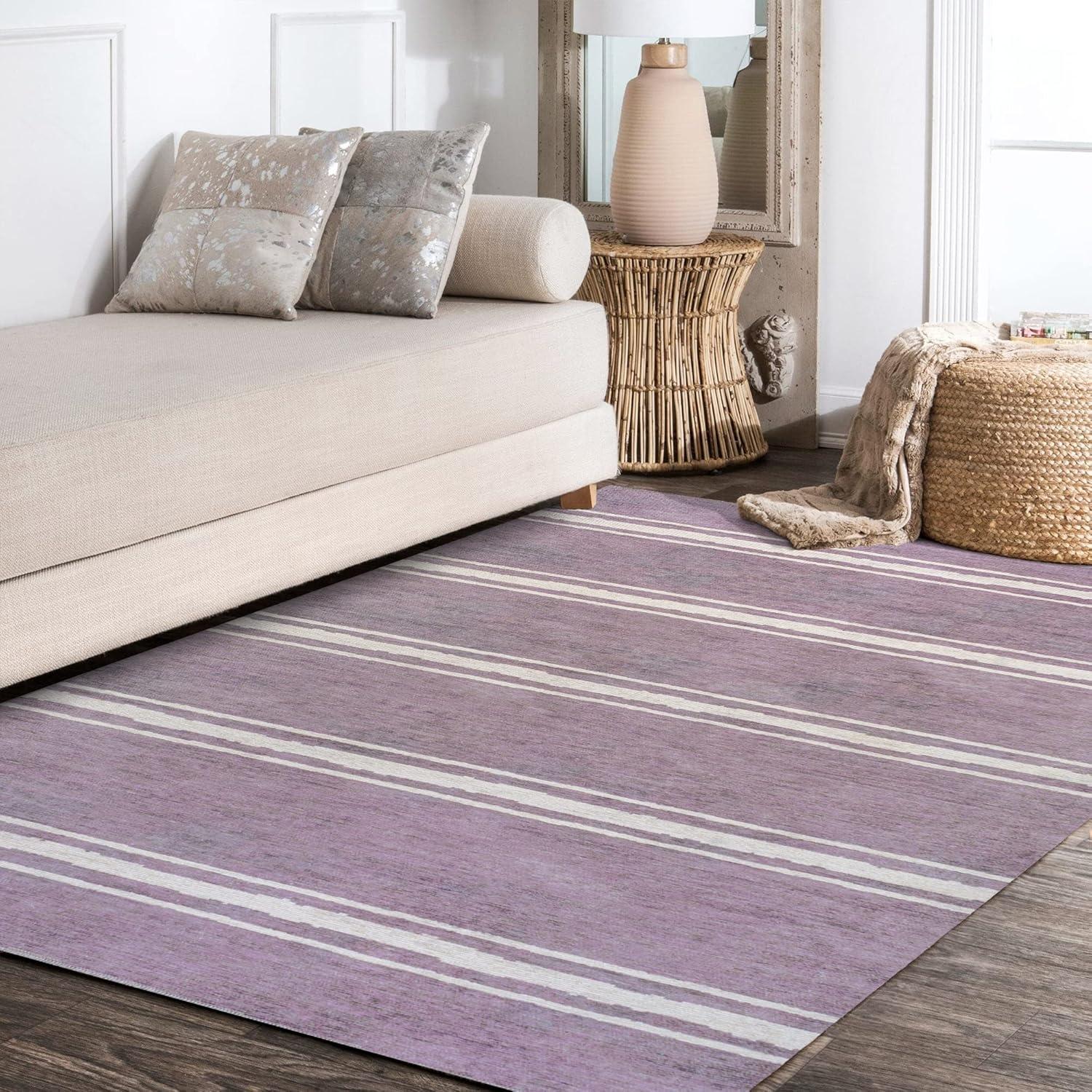 Lavender Ivory Stripe Machine-Washable Rectangular Area Rug