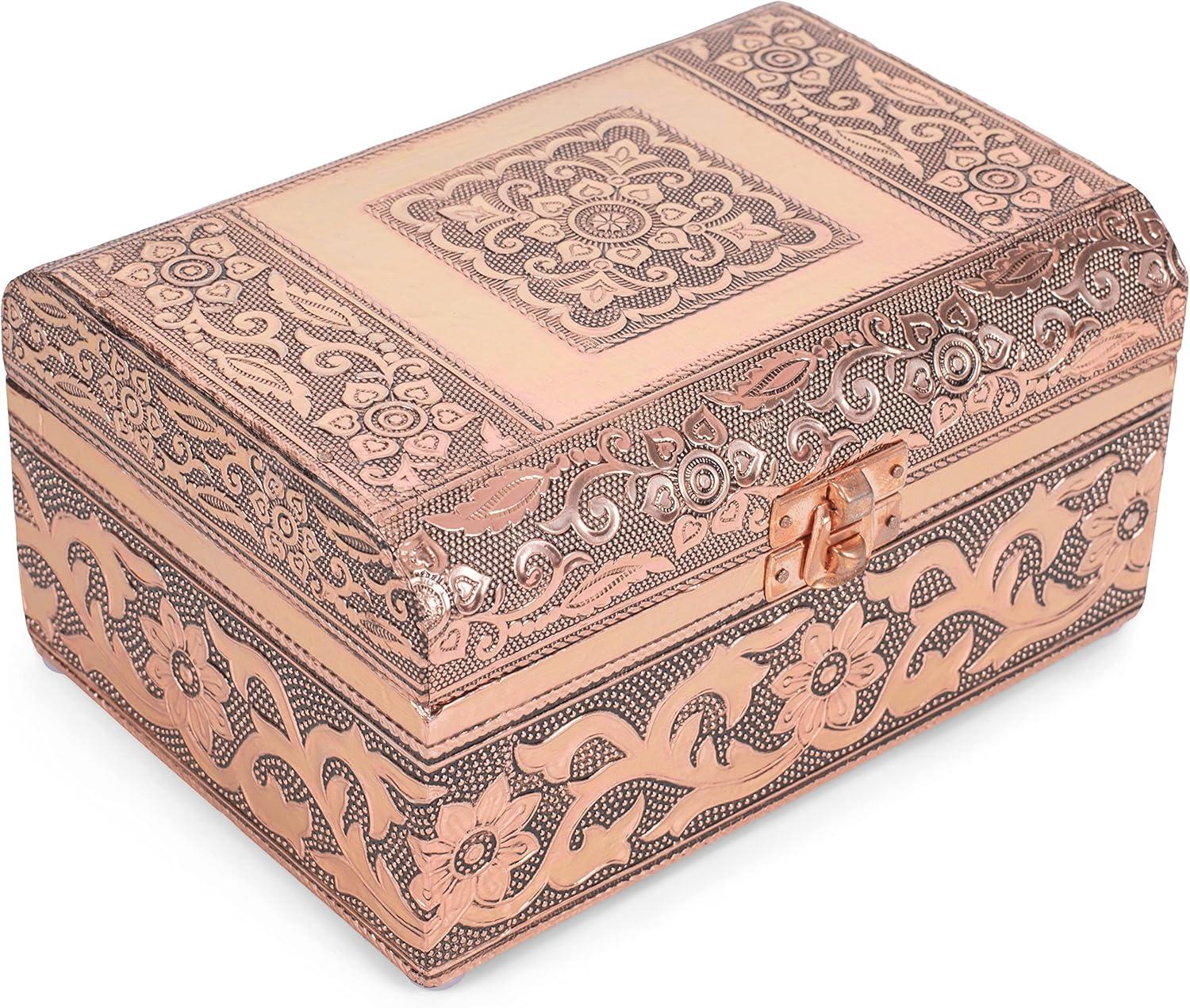 Cottage Garden Moroccan Copper Tone Metal Stamped Round Top Trunk Keepsake Box