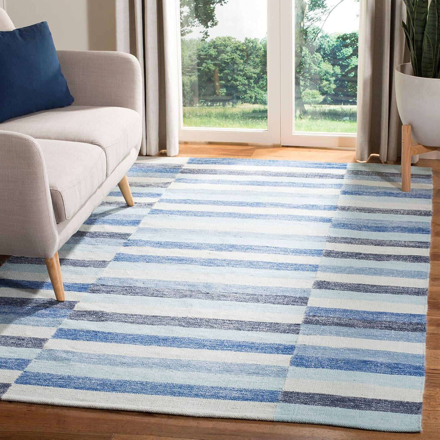 Southwestern Vibe Blue Stripe Handwoven Wool & Cotton Kids Rug 8'x10'