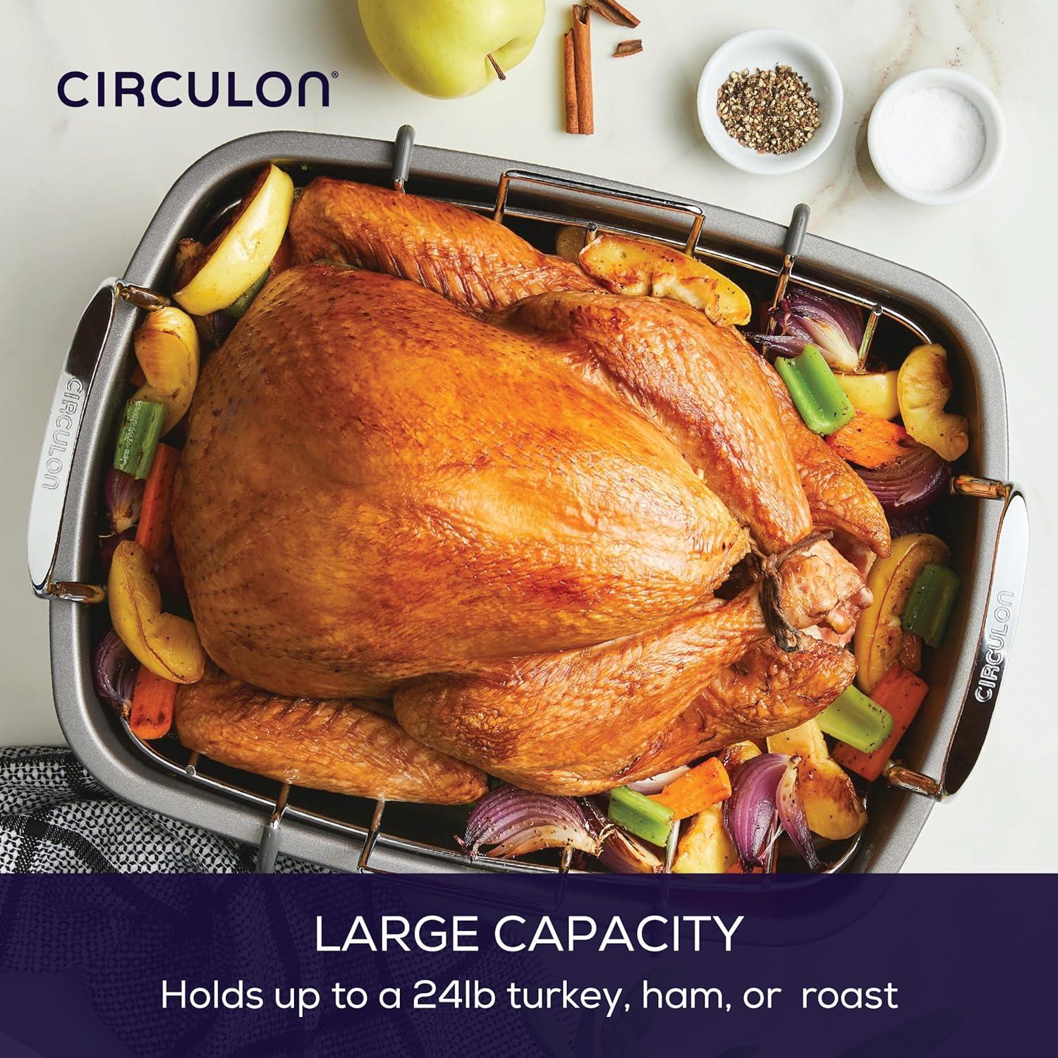 Circulon Bakeware Nonstick Roasting Pan / Roaster with Rack, 17-Inch x 13-Inch, Gray