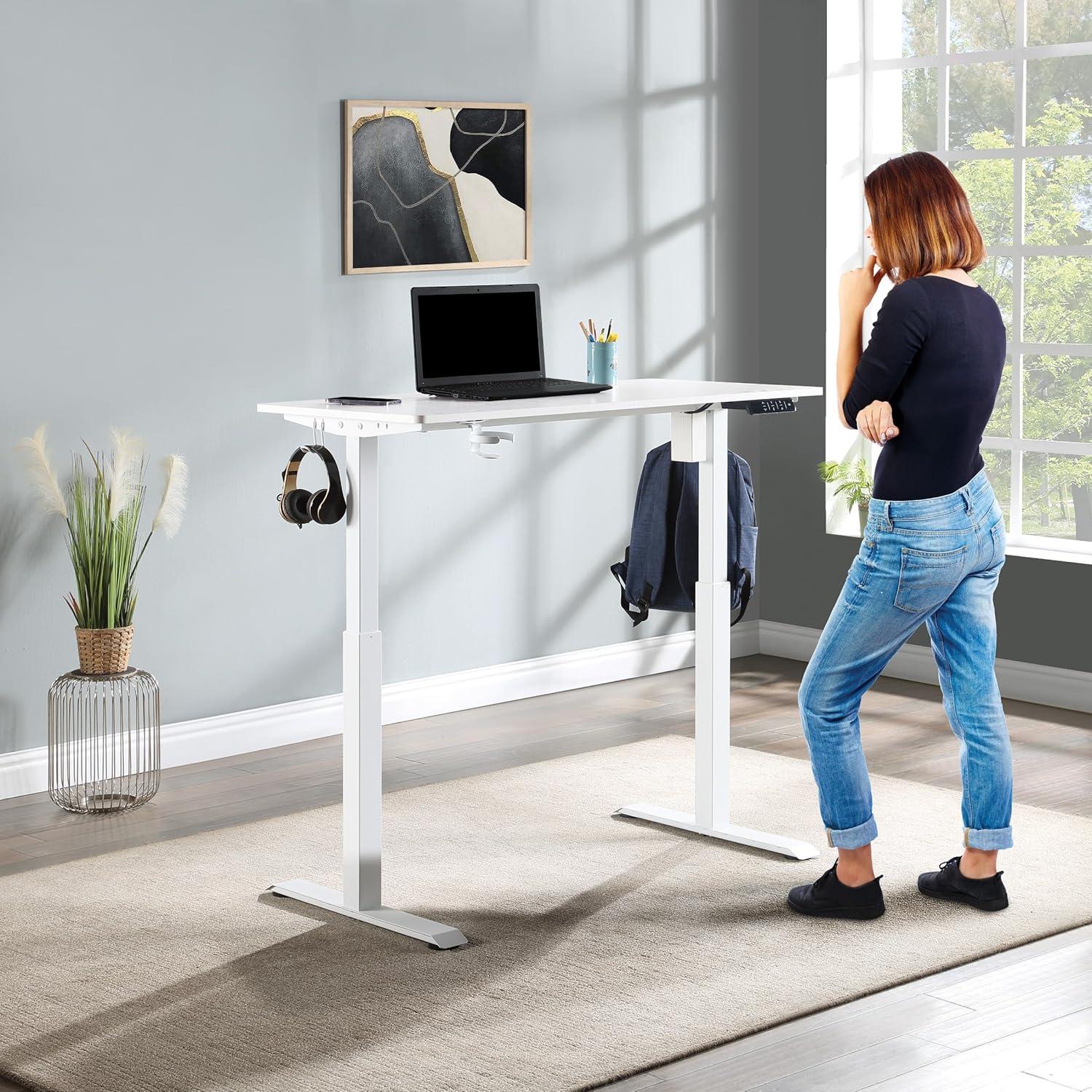 White Adjustable Height Standing Desk with USB Ports and Cup Holder