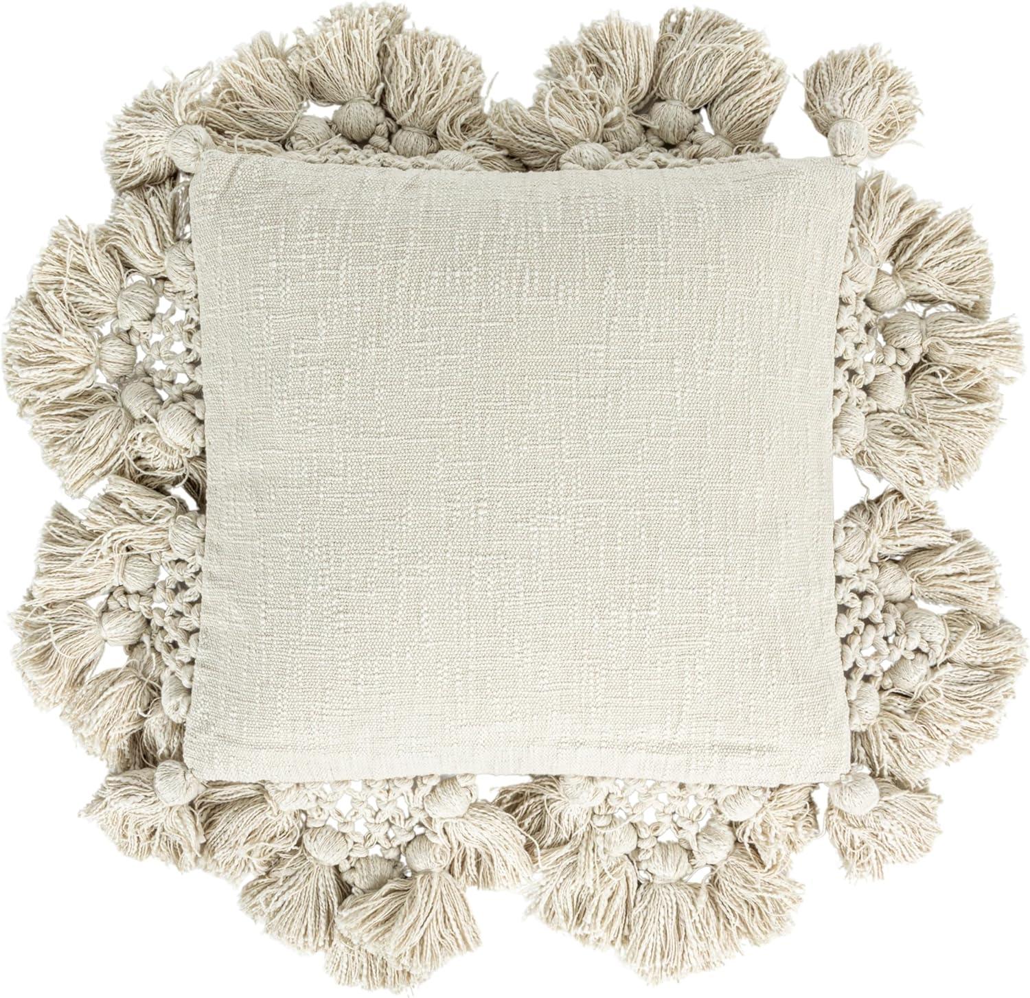 Modern Space-Themed Crochet & Tassel 18" Square Cotton Pillow - Cream