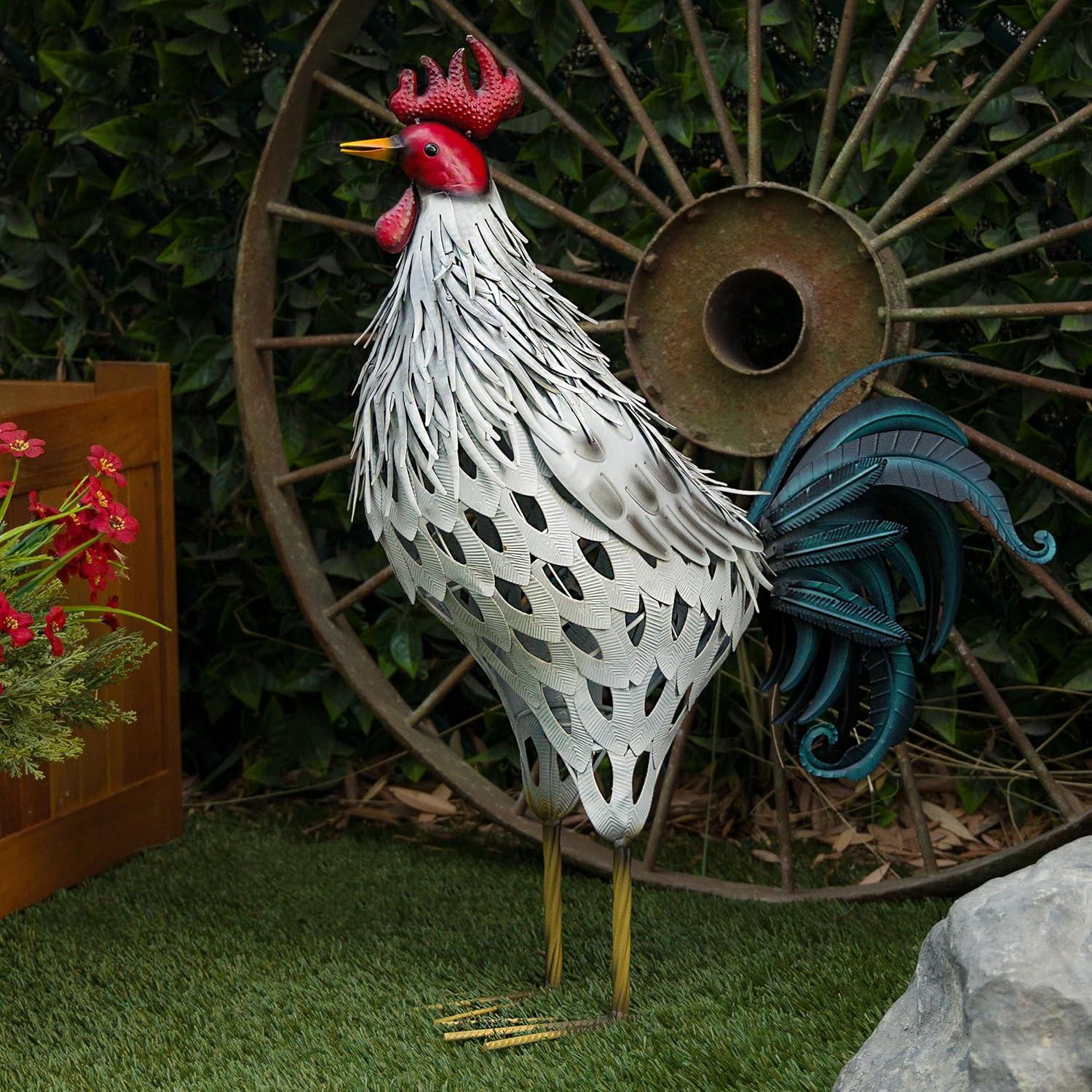 Lifelike White and Red Metal Rooster Garden Statue