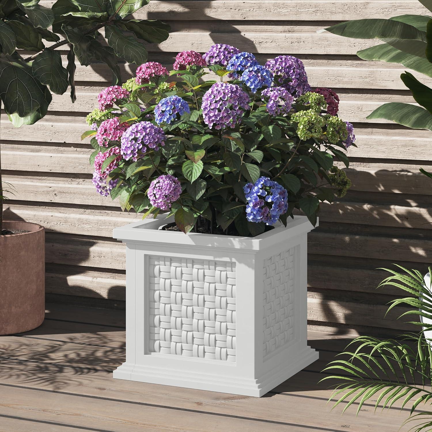 Pure Garden Outdoor Rattan Style Planter Box - 14.65-Inch Plant Pot, White