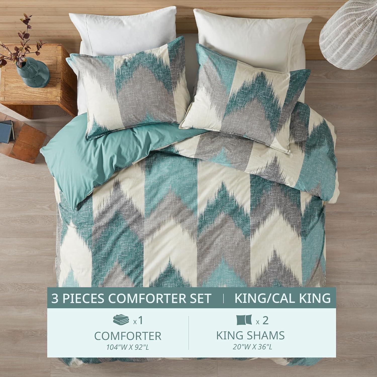 King Aqua Cotton Reversible Ikat Chevron Comforter Set