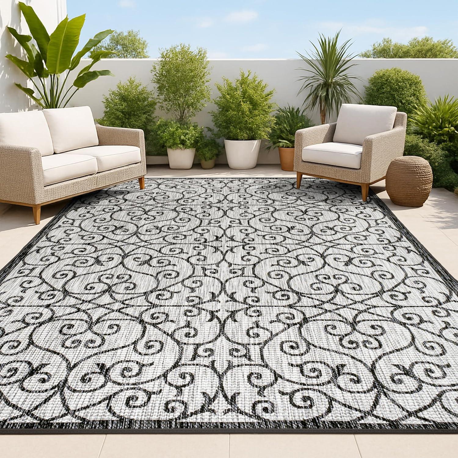 8' x 10' Madrid Vintage Filigree Textured Weave Indoor/Outdoor Area Rug, Light Gray/Black - JONATHAN Y