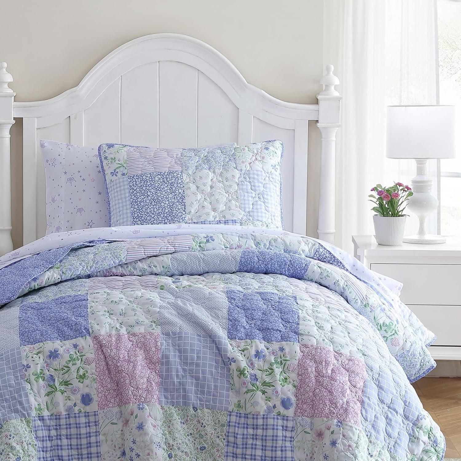 Purple Patchwork Microfiber Full Quilt Set for Kids