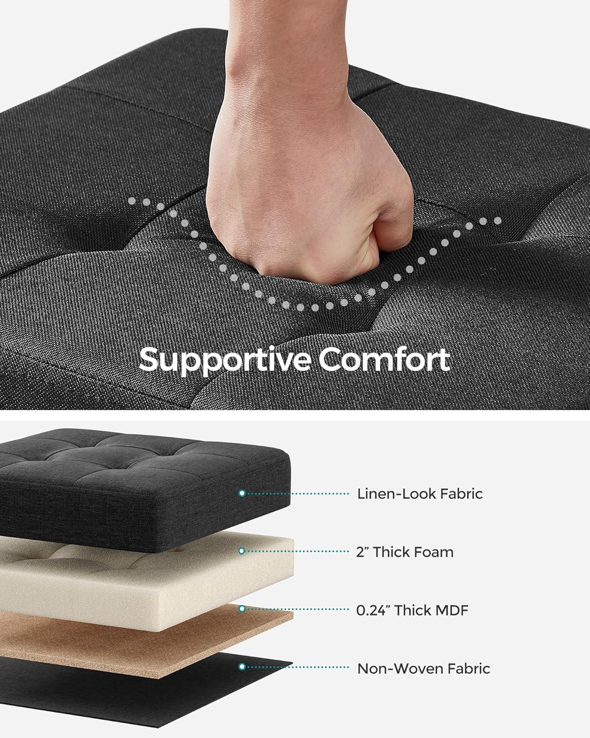 15" Black Linen Storage Ottoman with Plastic Feet