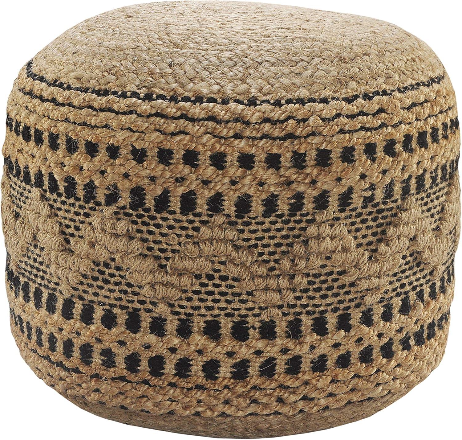 Tan and Black Hand-Woven Jute Cotton Round Pouf