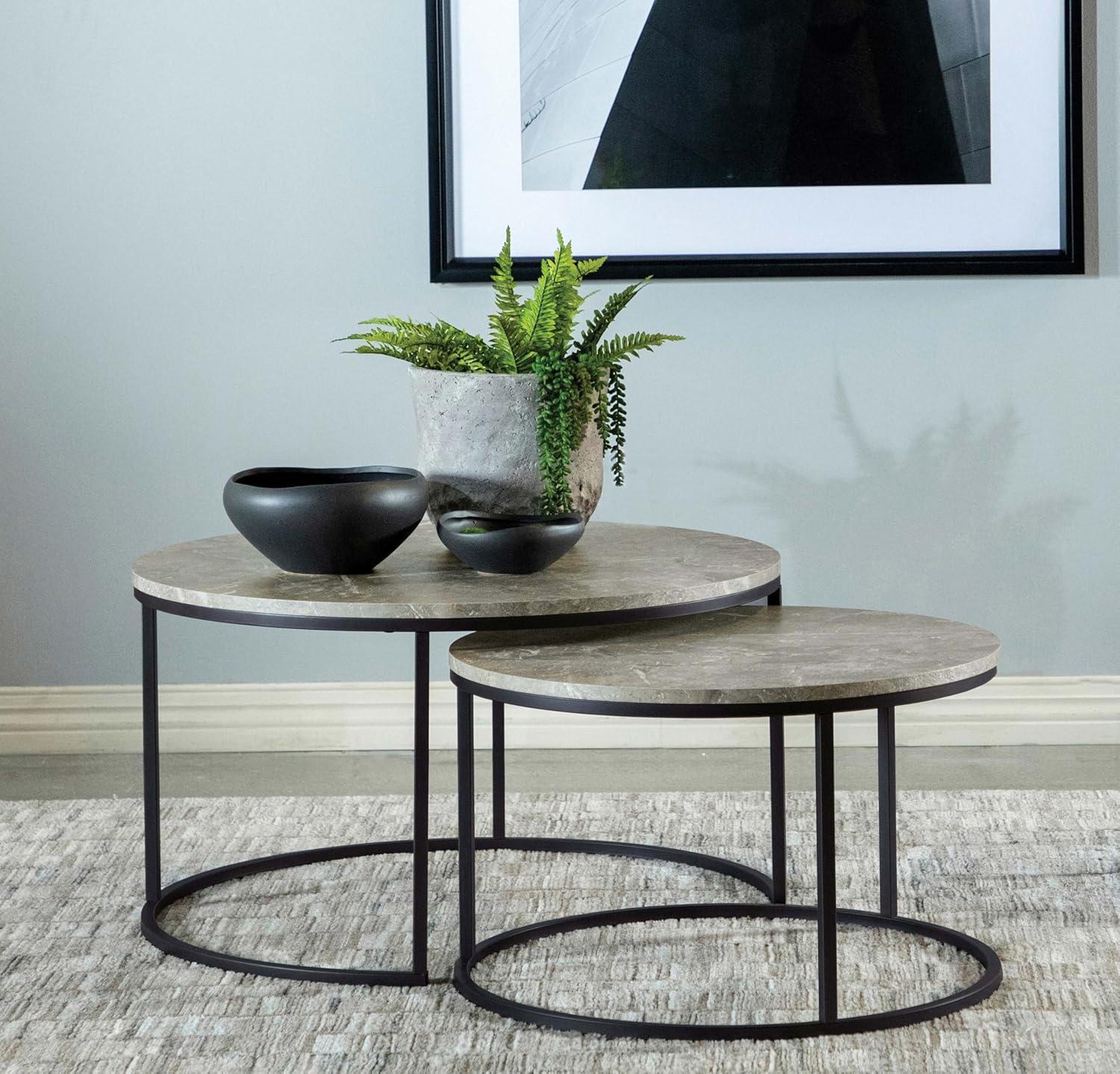 2pc Lainey Round Nesting Coffee Table Set with Faux Marble Top Gray/Black - Coaster