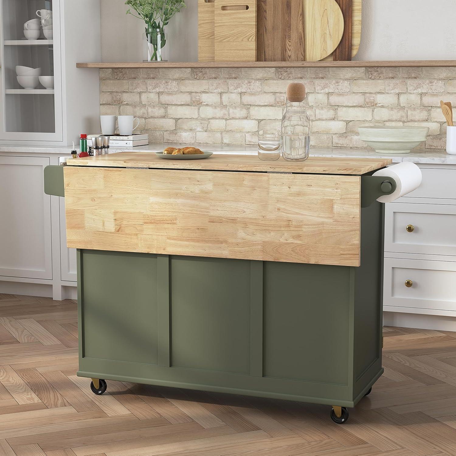 Sage Green Wood Kitchen Cart with Storage and Spice Rack