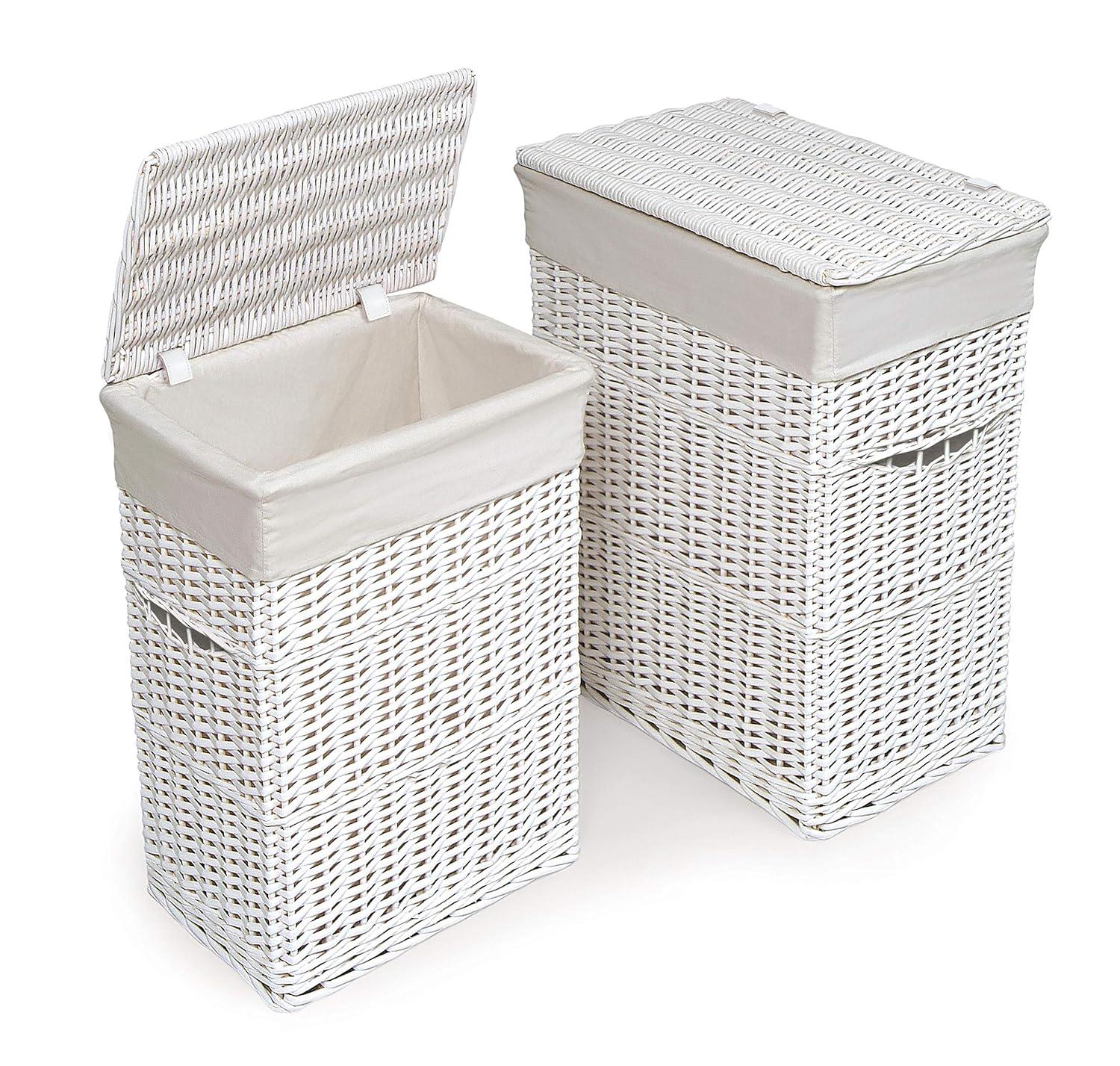 Badger Basket Wicker Two Hamper Set with Liners - White
