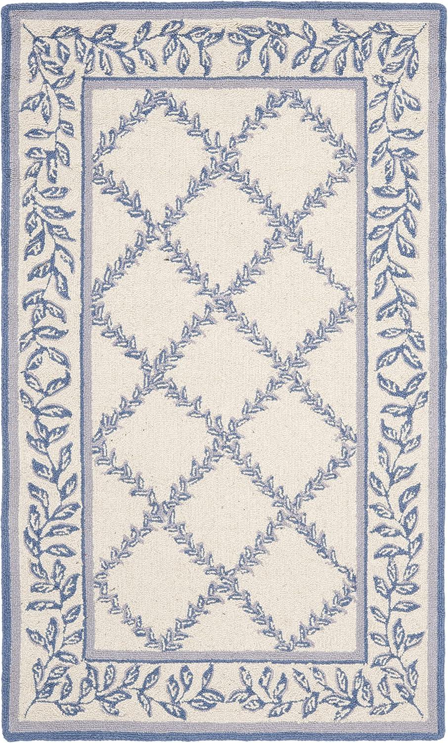 Ivory and Blue Hand-Hooked Wool Floral Area Rug 10' x 14'