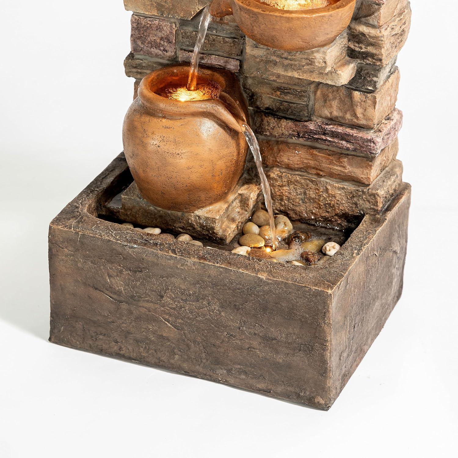 Teamson Home 33.27" Polyresin Cascading Bowls & Stacked Stones LED Fountain: Rust-Resistant, Electric Pump, Ground Freestanding