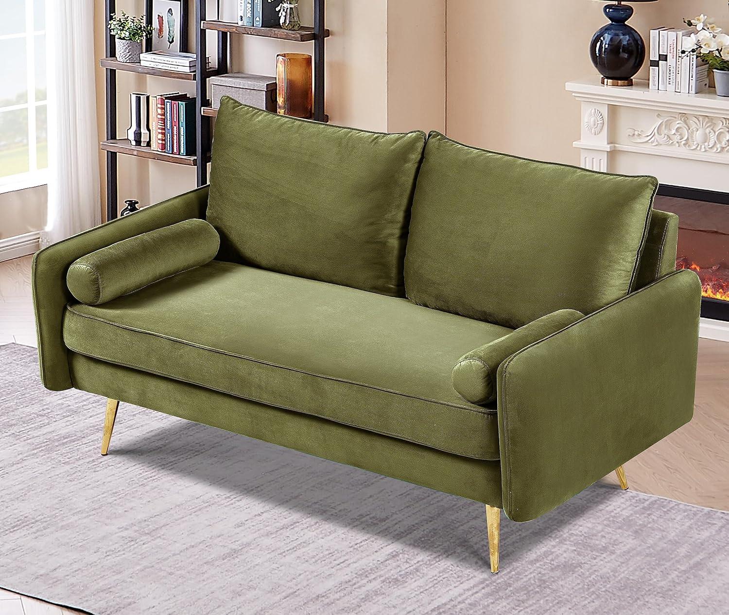 Olive Green Velvet Modern Loveseat with Tapered Legs